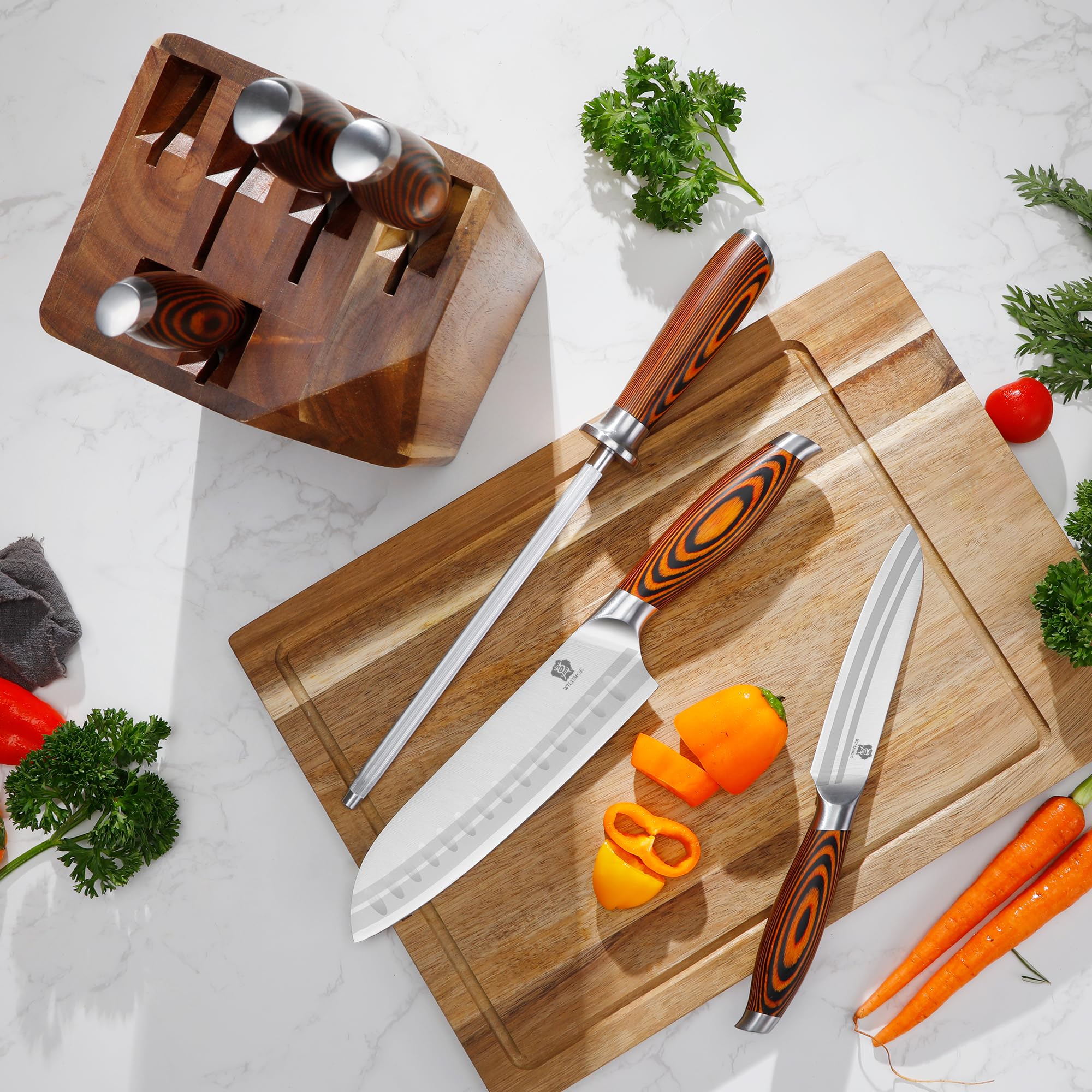 WILDMOK Set di coltello 7pc, Set di coltello tedesco Chef Chef, prezioso manico Pakkawood per Set di coltello da cucina