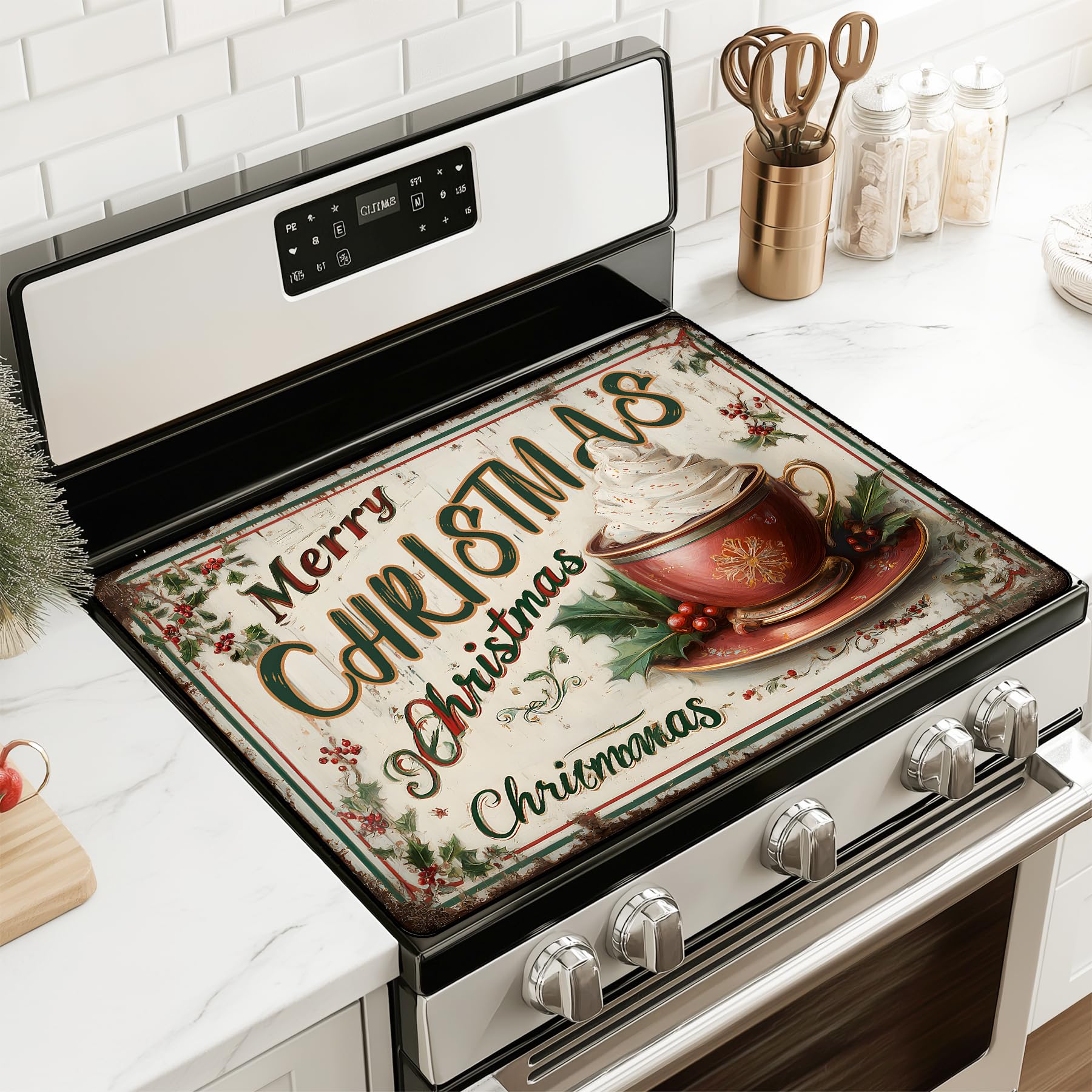 Christmas Stove Top Covers for Glass Stove, 28.5 x 20.5in Stove Top Covers Mat, ElectricTop Cover Pad for Gas Stove, Cooktop Protector Ceramic Washable Oven Cover, Brown