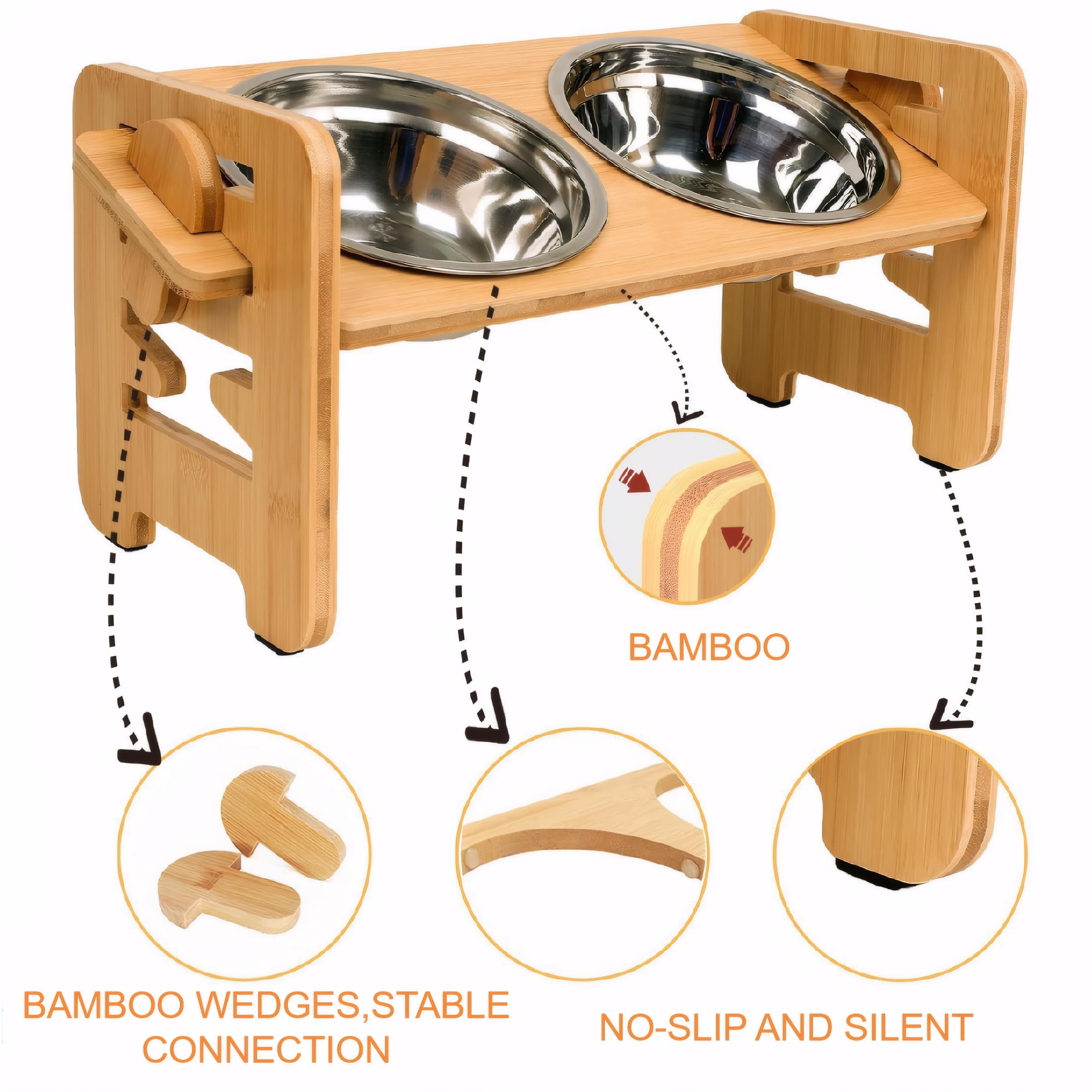 Dog Bowl,6 Level Adjustable Raised Dog Bowl with 2 Stainless Steel Bowls,Elevated Bamboo Bowls with Stand,Dogs & Cat Feeding Station with Anti Slip Feet for Small,Medium & Large Dogs or Cat - Image 3