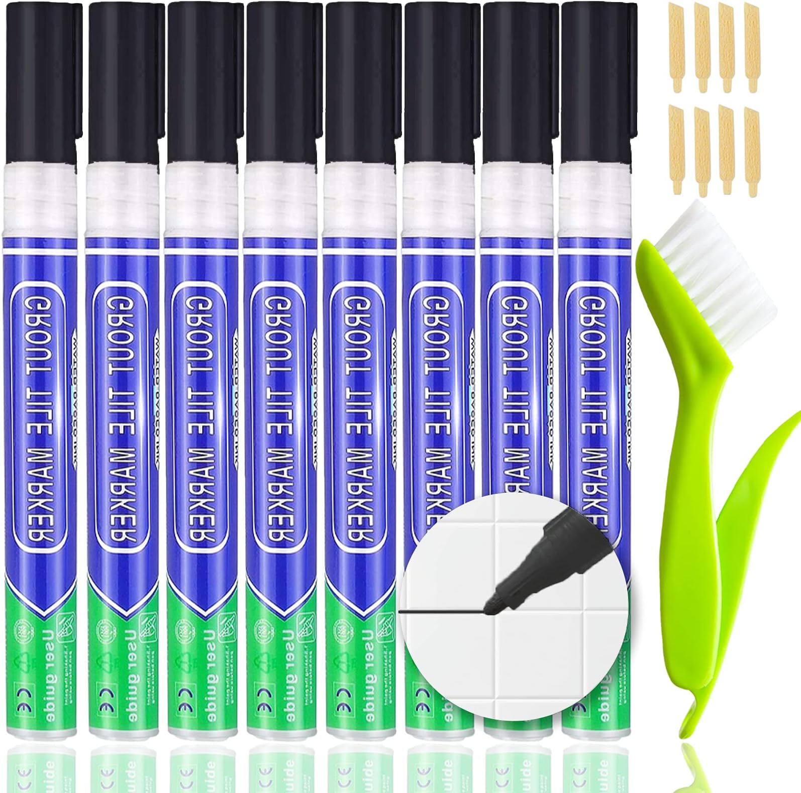 KOOLPUG Grout Pen Black with Tile Grout Cleaner Brush, 8 pcs Tile Grout ...