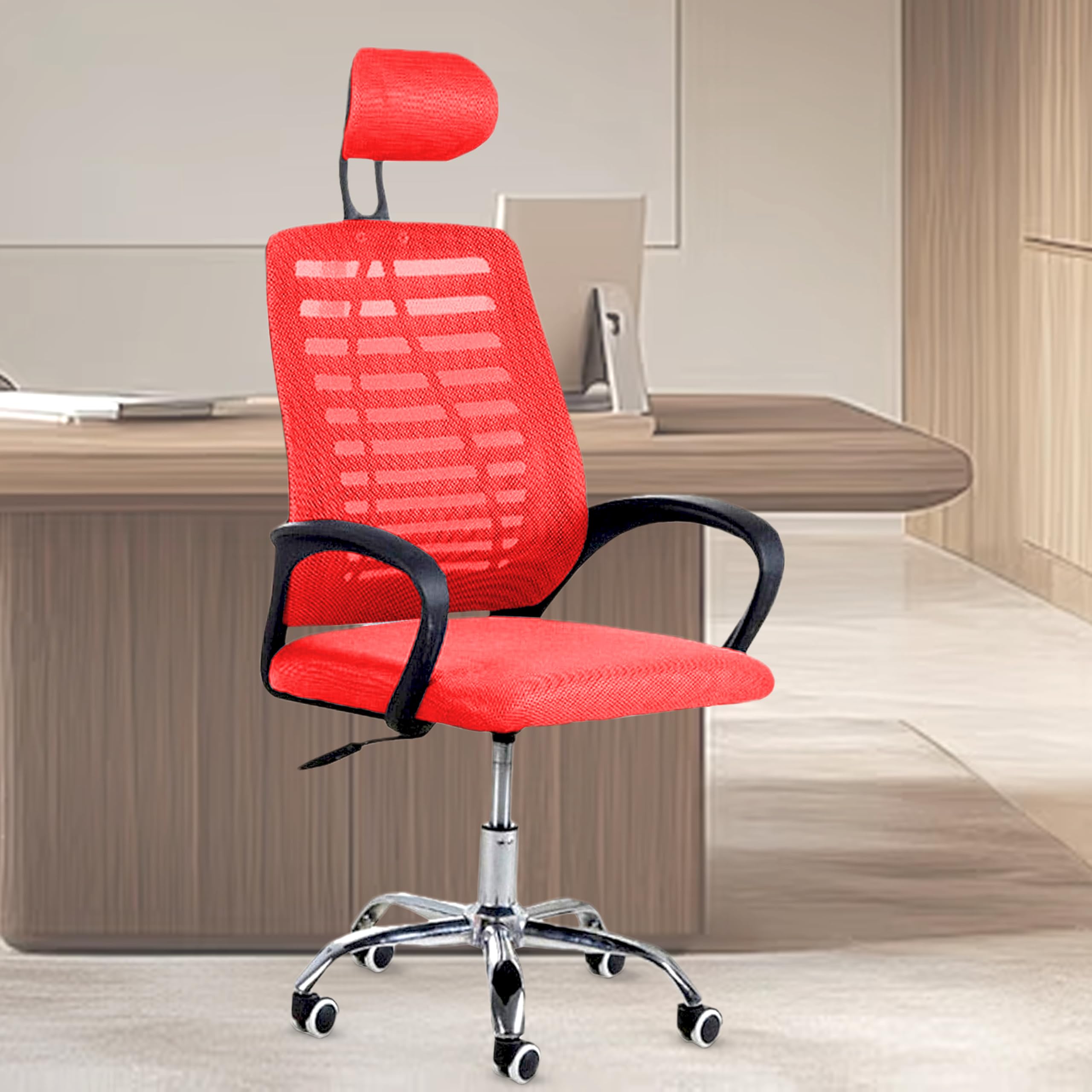 Casa Copenhagen,Mesh Office Desk,Rocking, Ergonomic Computer Chair Adjustable High with Headrest and Comfortable Armrest Swivel Chair - Red & Dark Black Handle