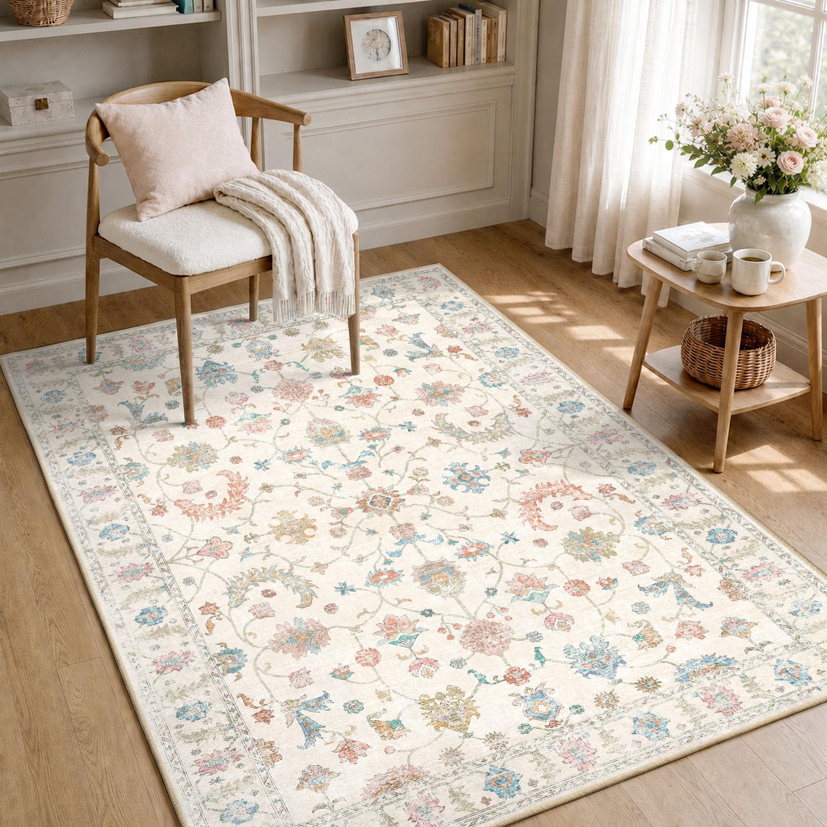INOVADAY Washable Rug Living Room 90x150cm Non Slip Low Pile Vintage Boho Area Rug for Hall Lounge Bedroom Kitchen Office Dining Room Indoor Hallway Cream White