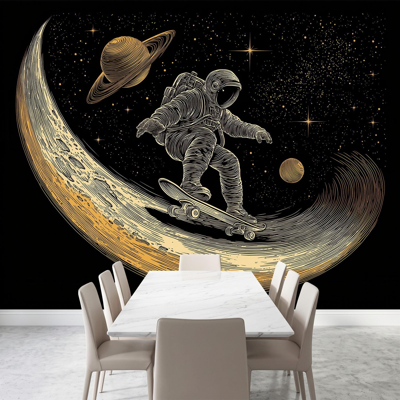 Vlies Fototapete 3D-Effekt Astronaut Sternenhimmel Sci-Fi Skateboard Wandtapete 300 x 280 cm, Moderne XXL Motivtapete Wanddekoration für Wohnzimmer Schlafzimmer,