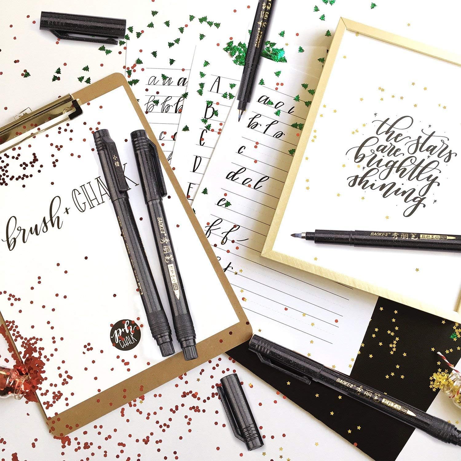 Hand Lettering Pens, Refillable Calligraphy Pen Brush Markers Set for Bullet Journaling, Signature, Beginners Writing, Art Drawing, Water Color Illustrations and More (6 Pack)