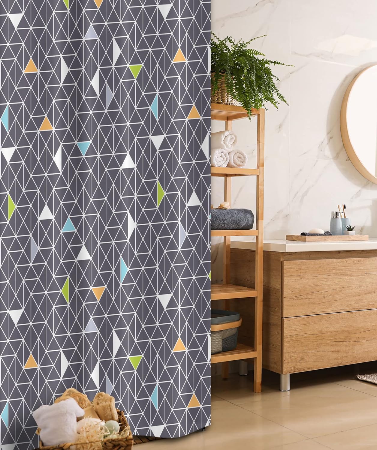 Ambesonne Geometric Stall Shower Curtain, Geometric Pattern Triangle Retro Illustration Network Simple Style, Fabric Bathroom Decor Set with Hooks, 54" W x 78" L, Dimgray Pale Orange Blue