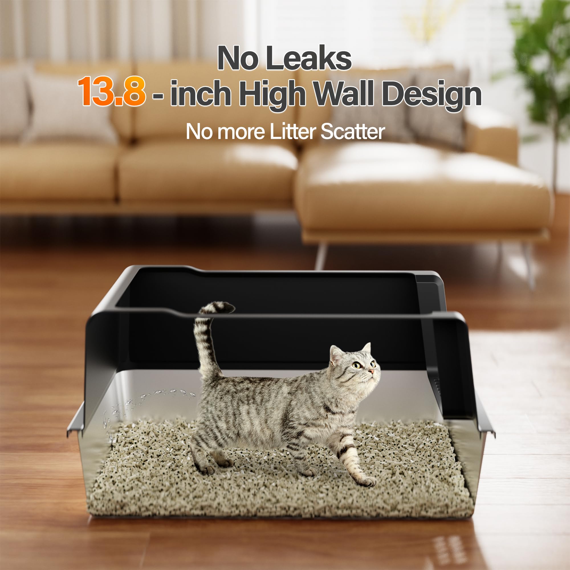 Amniau Stainless Steel Jumbo Open Cat Litter Box, XXXL 28"x20.5"x14" for Large Cats & Multi-Cat Households, Anti-Leakage High Walls & Non-Slip Base, Non-Sticky, Easy Clean Durable Metal Litter Pan - image 5