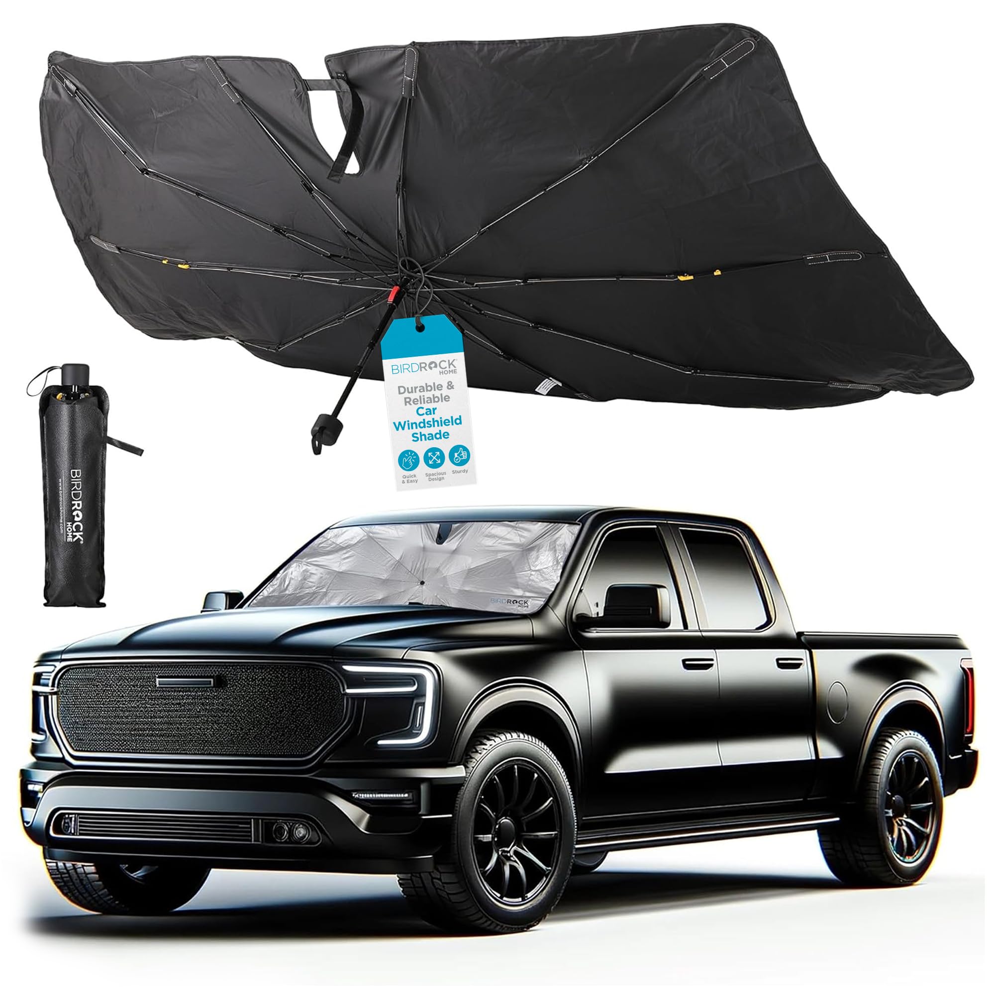 BIRDROCK HOMEUmbrella Car Windshield Sun Shade | Extra Large | Foldable Cover Sunshade for Front Window - Black & Silver