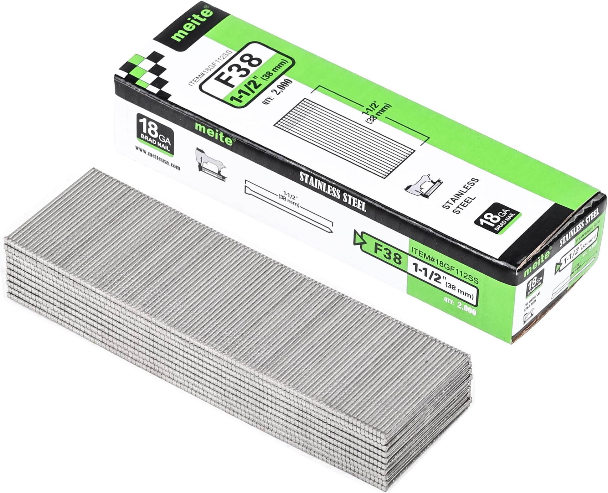 meite 18 Gauge Stainless Steel Brad Nails, 1-1/2 Inch 18GA Brad Nails, 304 Stainless Steel Small Finishing Nail Gun Nails for Pneumatic, Electric Brad Nailer Gun (2,000 Counts)