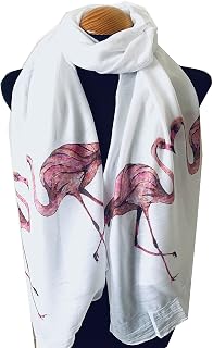 Flamingo scarf. Long white scarf with colorful pink flamingo print