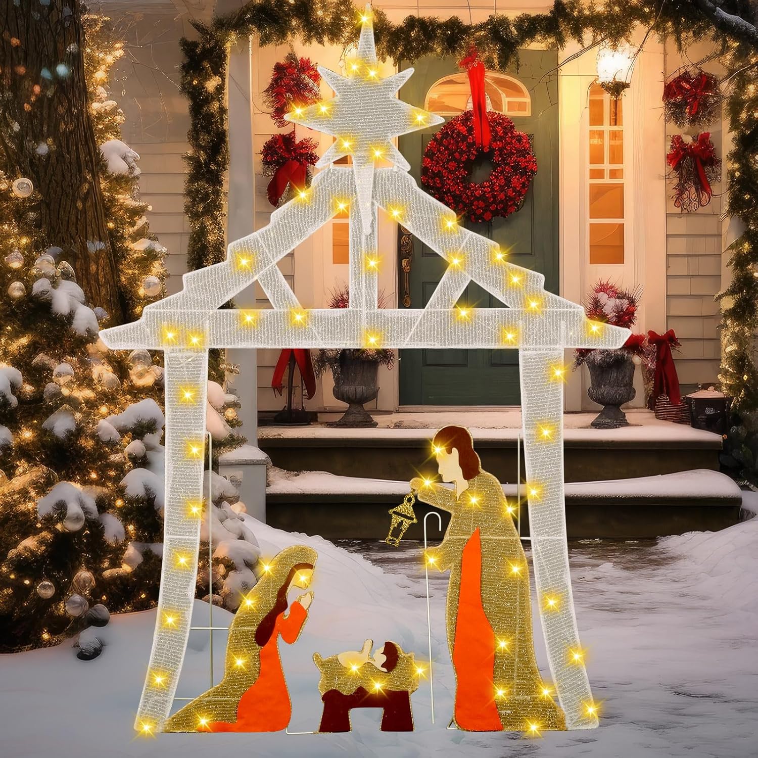 4 FT Lighted Nativity Scene Set Large Christmas Outdoor Decoration Xmas Decor with 140 White LED Birth of Jesus Scene for Holy Family Holiday Party Garden Yard Lawn