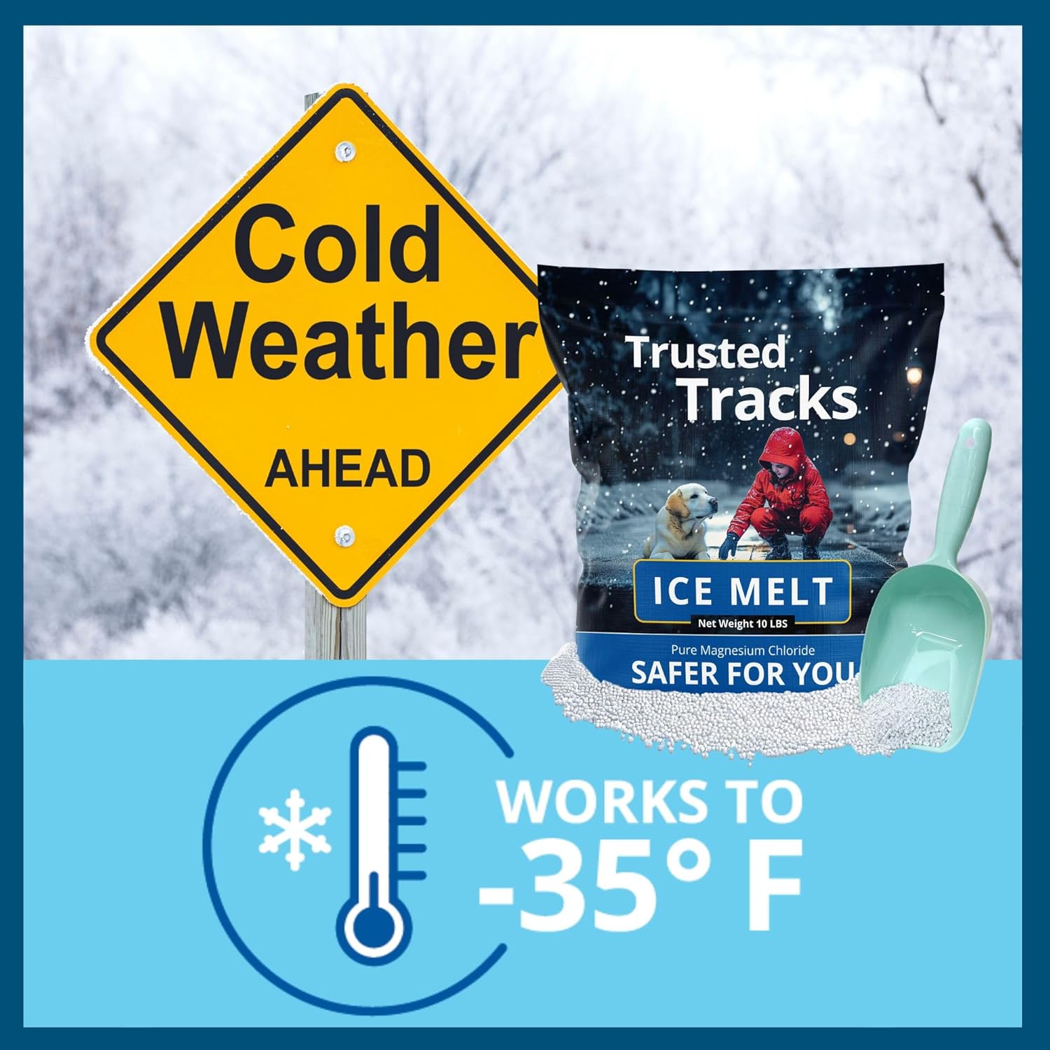 Ice Melt, Pet Safe Ice Melt, 10 LBS Premium Snow Melter with Scoop, Pure Magnesium Chloride, Safer for Pets, Concrete, Effective to -35 F, 10 lb