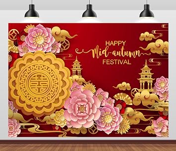 Fabric 7x5ft Happy Mid-Autumn Festival Backdrop Full Moon Mooncake Auspicious Clouds Background Chinese Traditional Festival Mid Autumn Day Backdrops for Chinese Party Decor Family Portraits