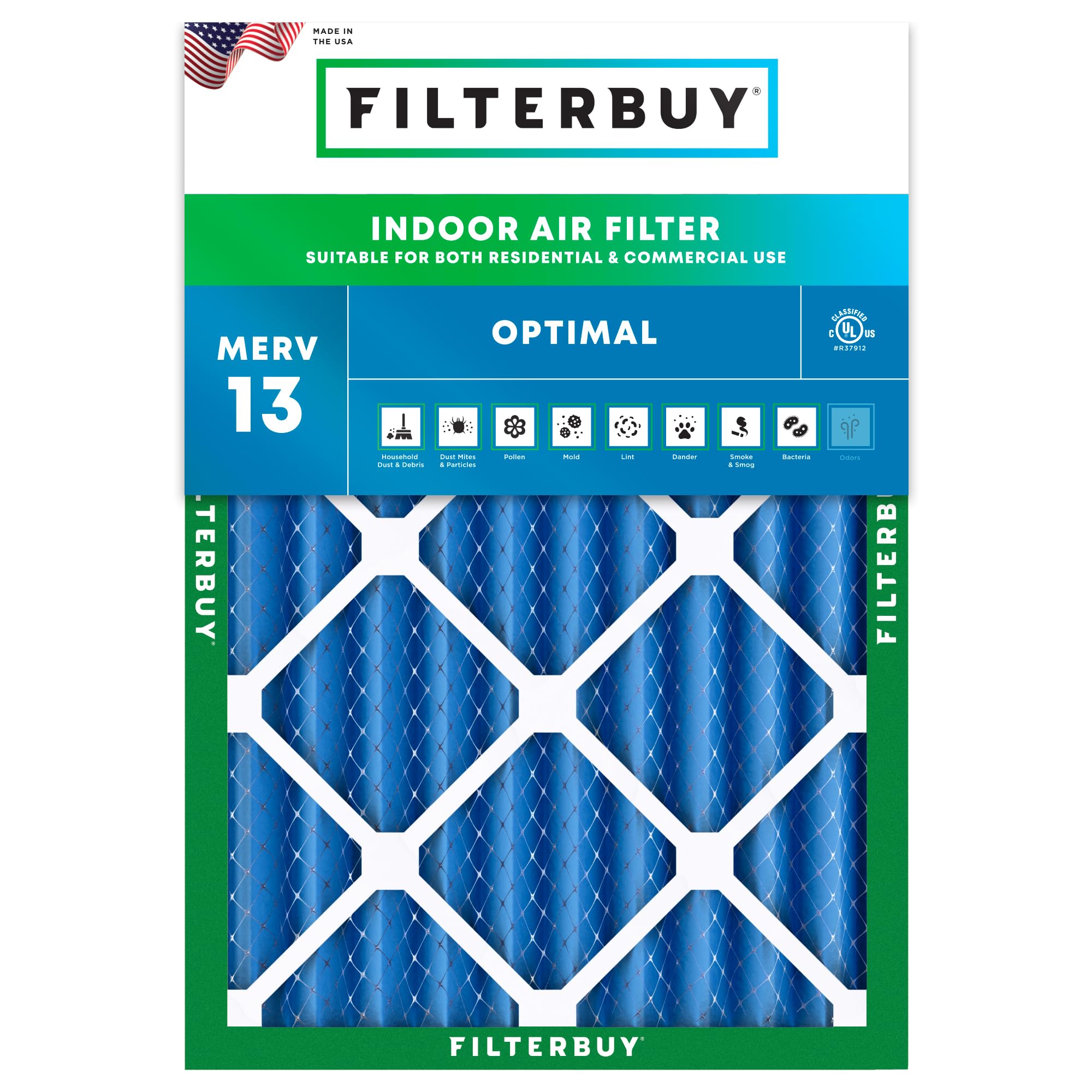 Filterbuy 20x25x4 Air Filter MERV 13 Optimal Defense (1-Pack), Pleated HVAC AC Furnace Air Filters Replacement (Actual Size: 19.50 x 24.50 x 3.63 Inches)