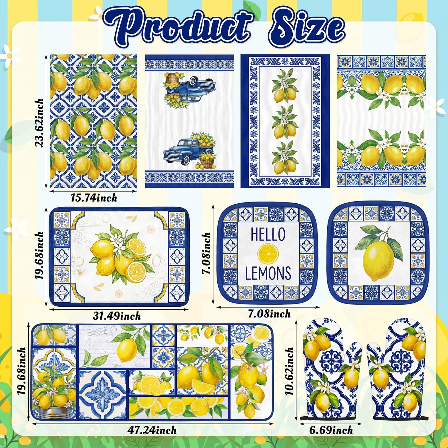 Tieshankao 10Pcs Lemon Kitchen Decor Set Italian Capri Tiles Yellow Blue Towels Pot Holders Oven Mitts Mats for Summer Home Baking Gifts