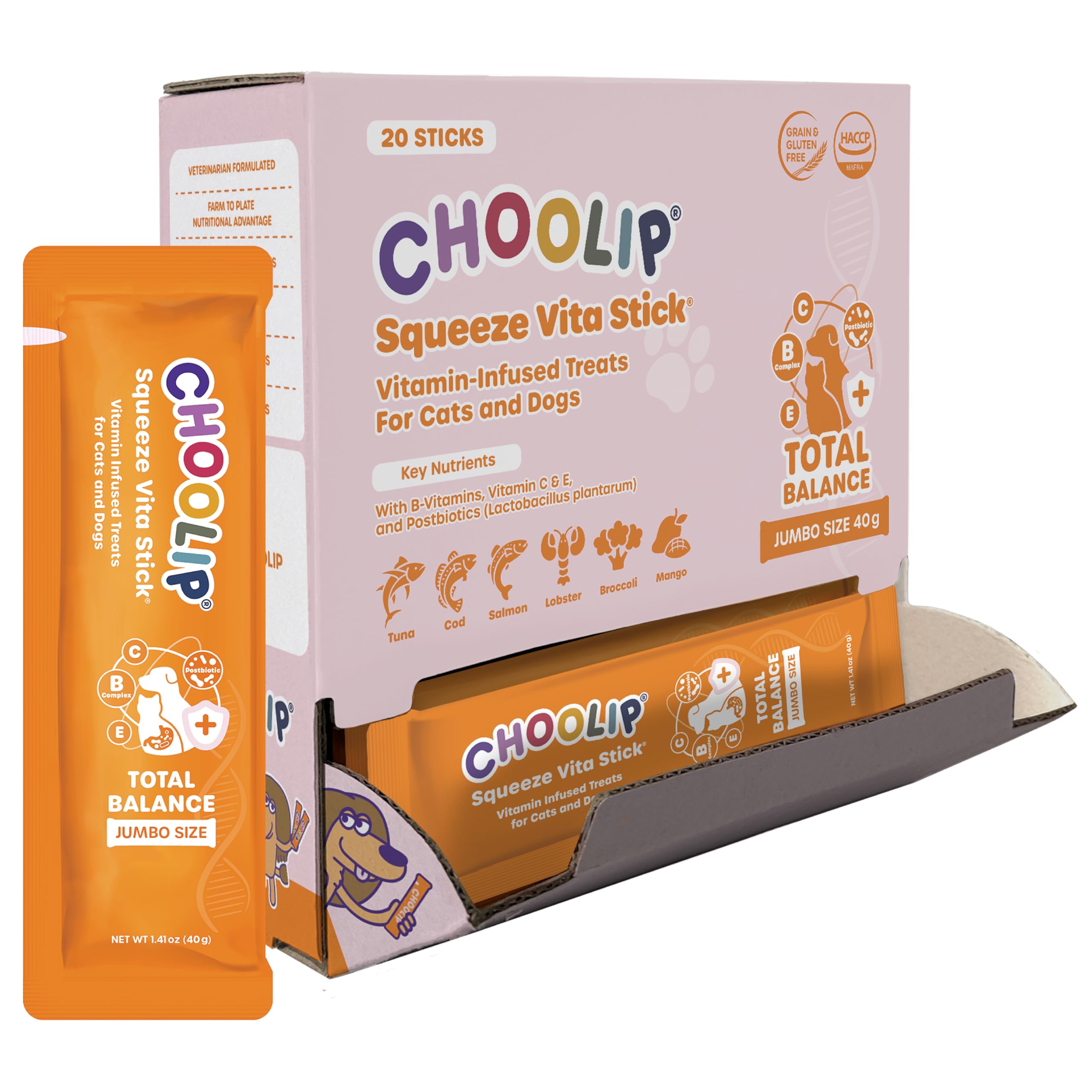 Choolip Squeeze Vita Stick Total Balance for Dogs & Cats, Daily Wellness Puree Treats with Korean Kimchi-Derived Postbiotics, Vitamins B, C & E, Grain Free, 40g x 20 Sticks