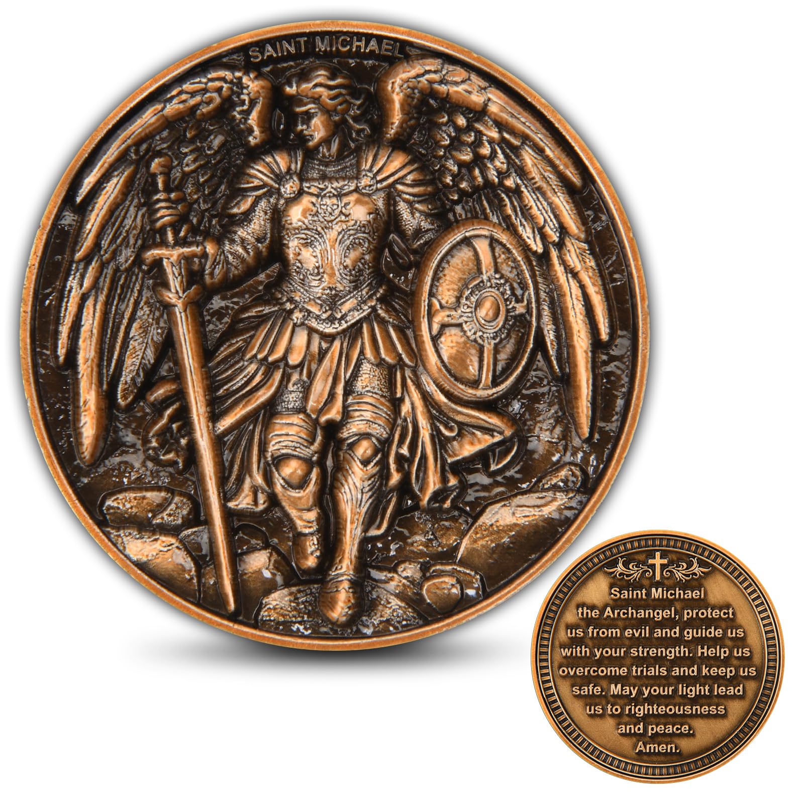 Saint Michael The Archangel Challenge Coin – Christian Prayer Coin with Protection Message – Zinc Alloy Religious Keepsake with Acrylic Display Case