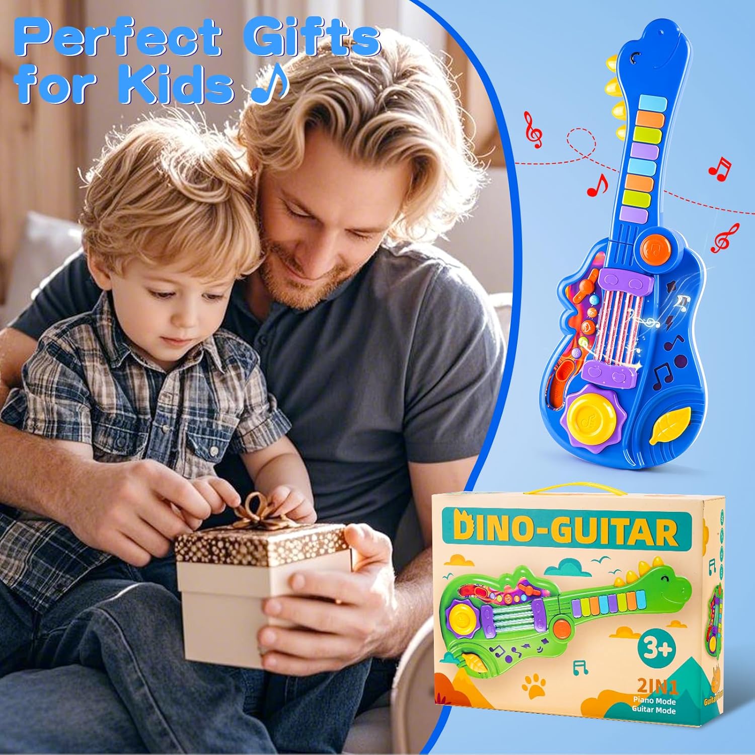 Dinosaur Kids Guitar 2-in-1 Musical Instruments for 3 4 5 Year Old Boys Girls Gifts, Toddler Electric Guitar Piano Toy with Strap & Dino Design (Blue)