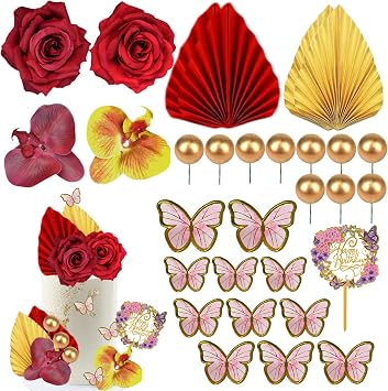 29Pcs Flower Cake Topper Palm Leaves Butterfly Ball Boho Cake Decorations Acrylic Happy Birthday Cake Toppers Cupcake Christmas Cake Decorations New Years Eve Party SuppliesRed Gold
