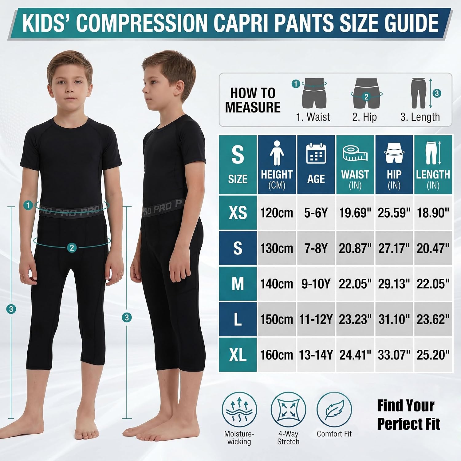 LANBAOSI Youth Boys 3/4 Compression Pants Basketball Tights Sports Capris Leggings Running Base Layer