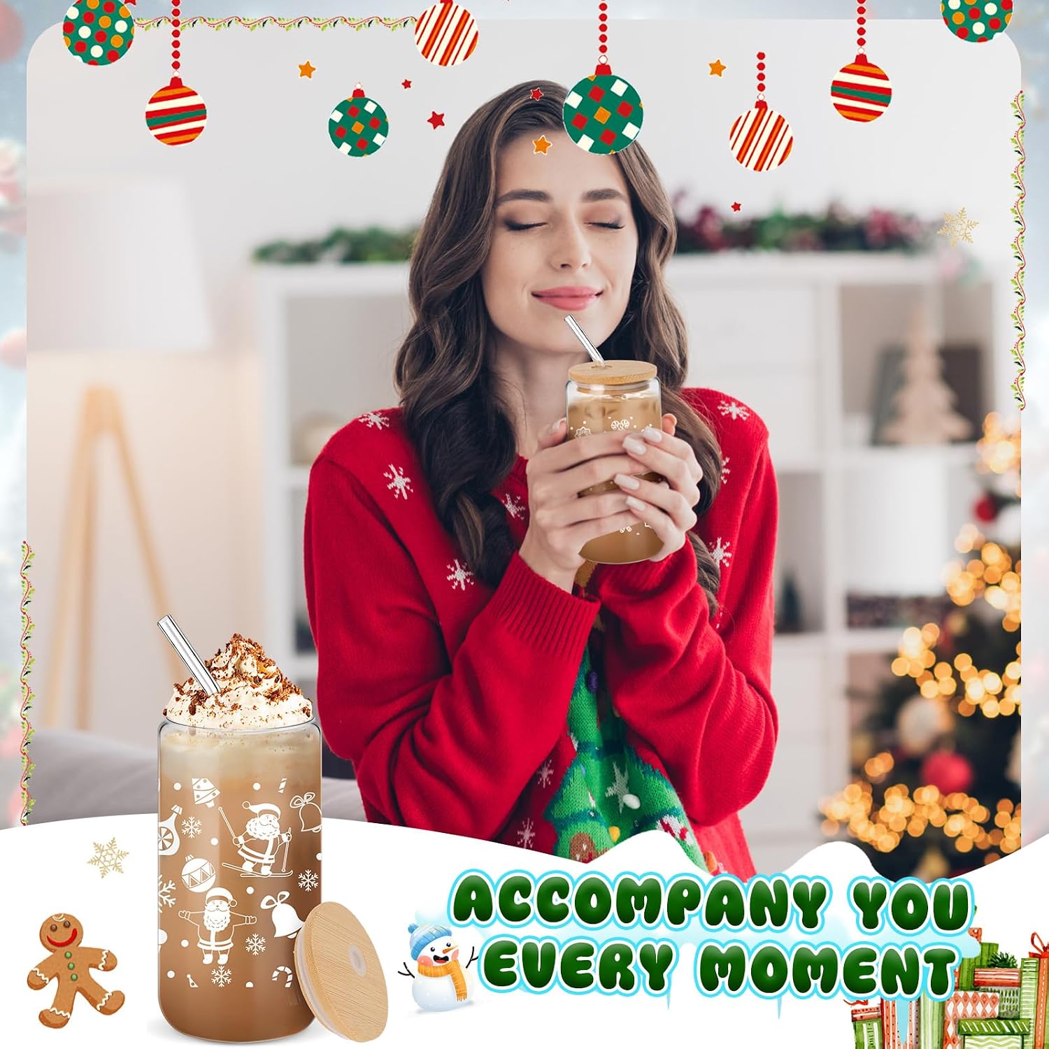 24 Pack Winter Glass Cups Gifts 16 oz Snowflake Glass Tumblers with Lids Straws Brushes Winter Christmas Coffee Cups for Women Men Employee Coworkers Holiday Party Favors (Fresh Style)