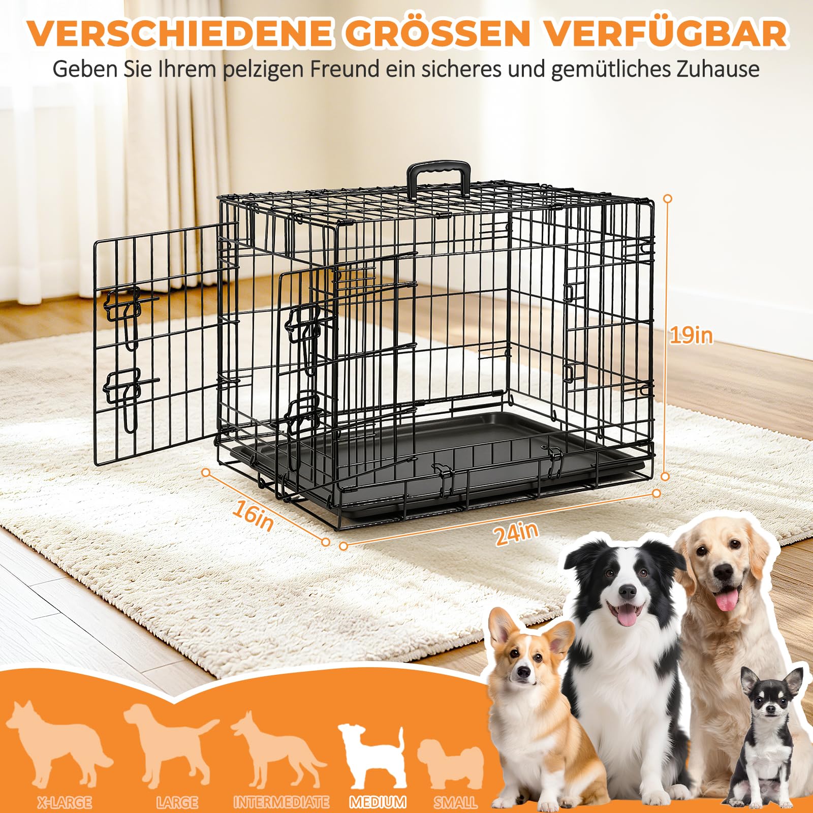 Hundekäfig faltbar 60 x 42.5 x 48 cm,S,2 Türen,Metall Draht,mit ausziehbarer Kunststoffschale & Abnehmbarer Trennwand,Schwarz,Hundebox für Zuhause & Transport