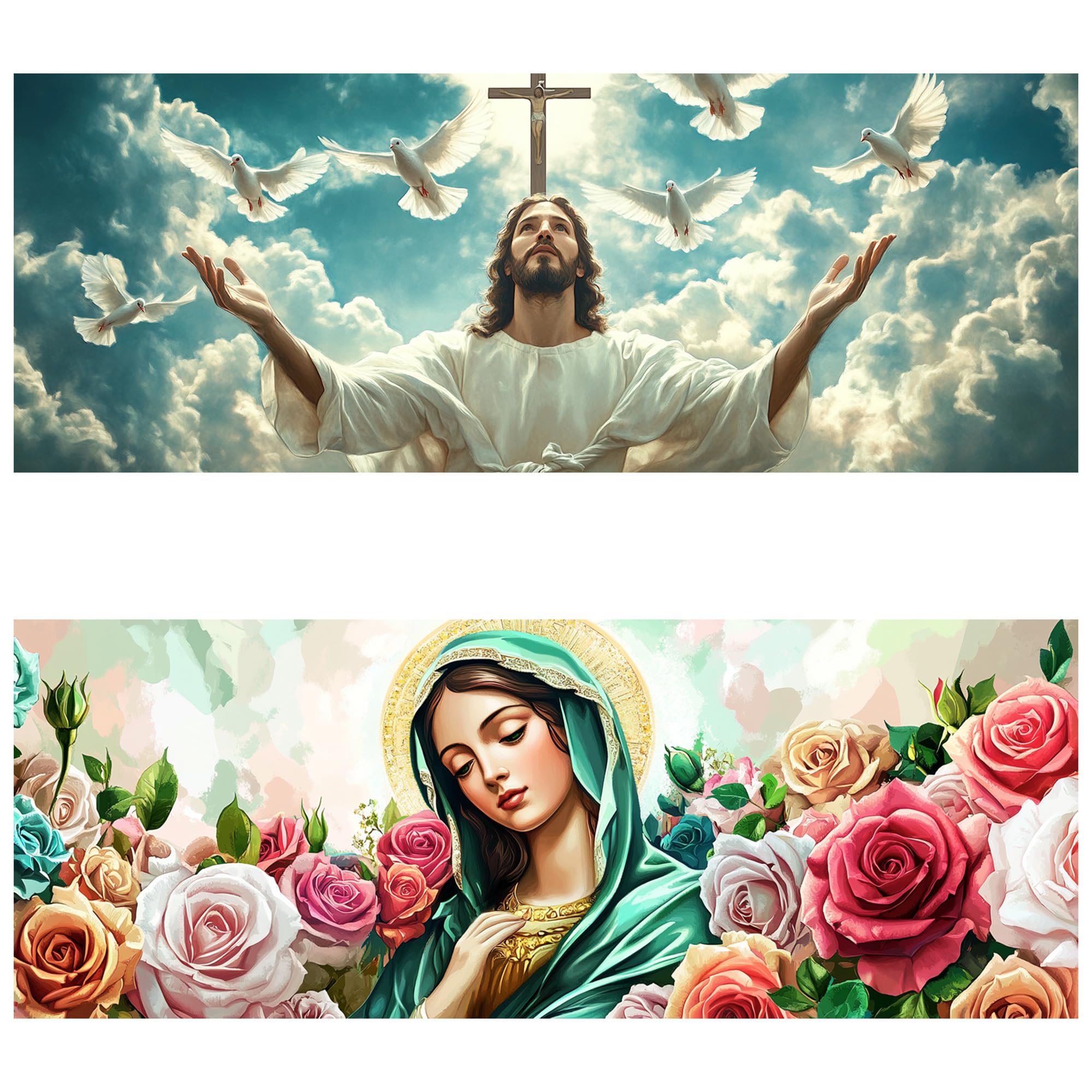 Yomiie 2 Pack Large Diamond Art Kits for Adults, Jesus &amp; Virgin Mary Diamond Painting Art God DIY Full Round Drill Kits, Rhinestone Diamond Crystal Craft Canvas Home Wall Decor 31.5x11.81 inch