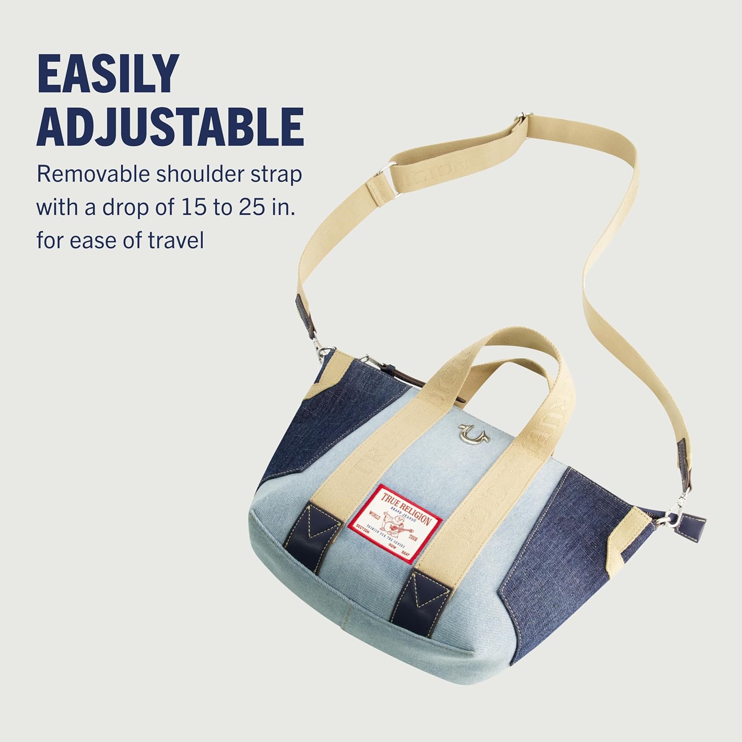 True Religion Tote Bag, Women's Casual Everyday Shoulder Handbag with Denim Patchwork and Adjustable Shoulder Strap, Multi
