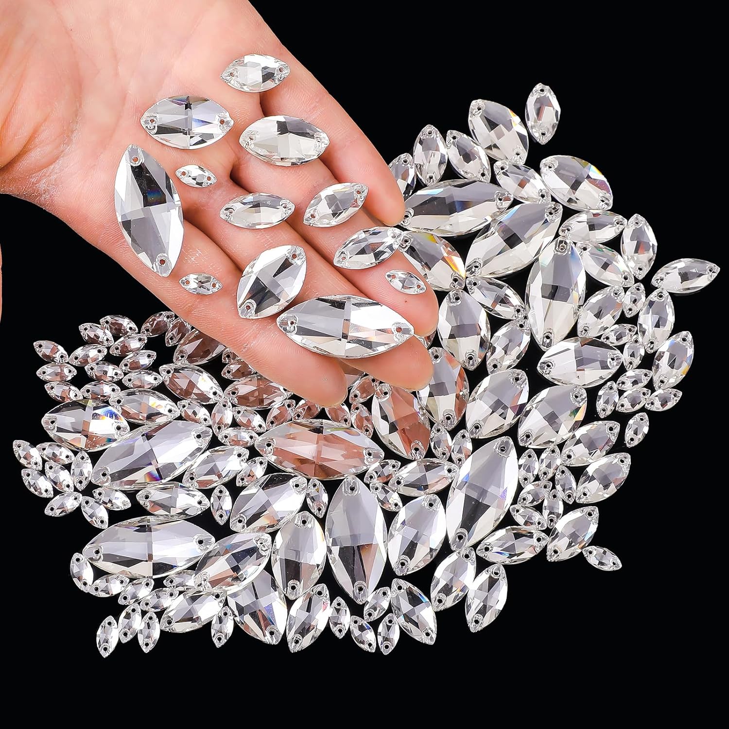 SWTHONY 84pcs 5 x 10mm Clear Horse Eye Shaped Sew On Rhinestones for Crafting, Crystal Glass Gems Silver Plated Flatback Jewels with 2 Holes for Crafts Clothes Fabric - Image 5
