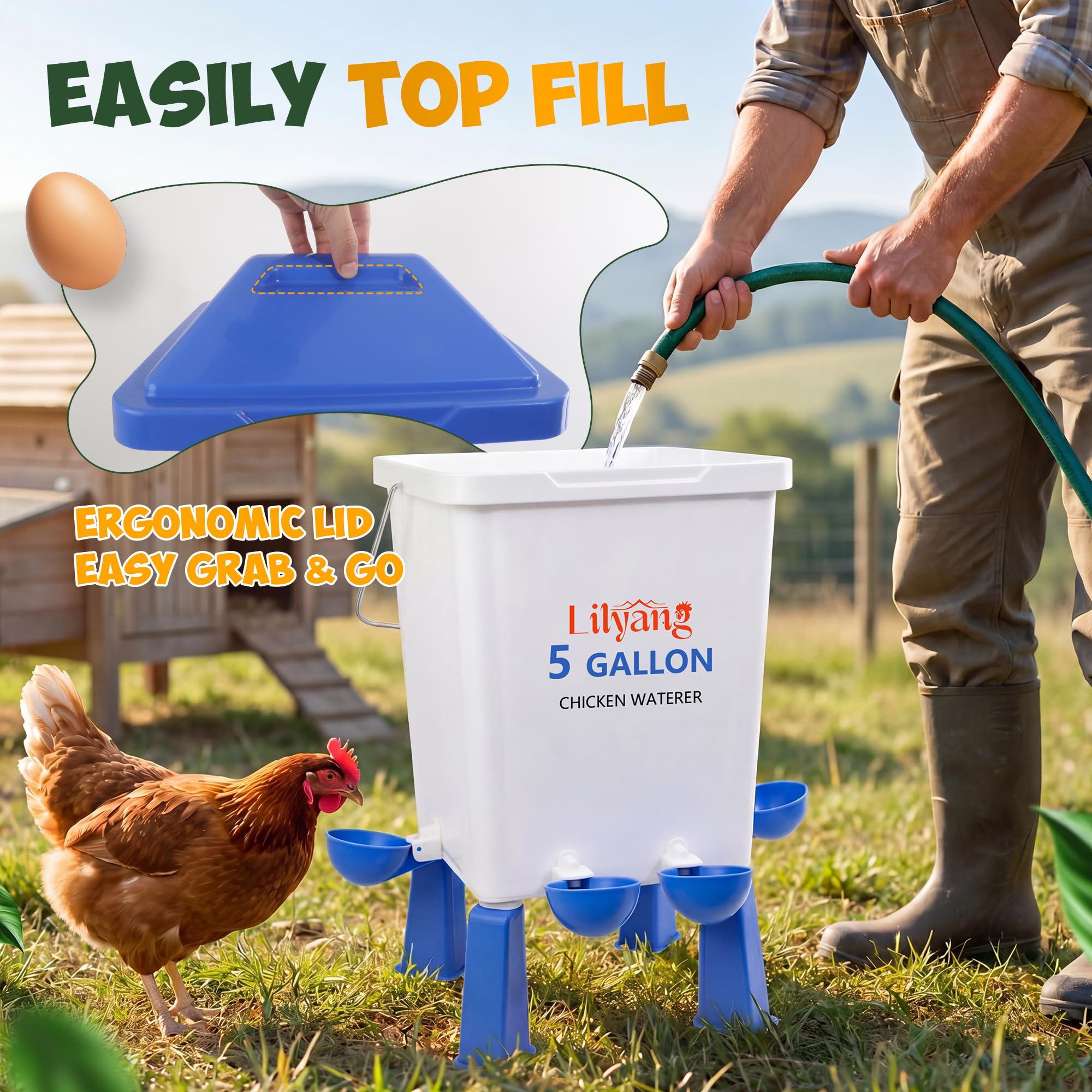 Lilyang Juego de comedero y bebedero grande de 5 galones, alimentador automático sin residuos, dispensador de agua elevado con patas, puertos antiderrames y tazas a prueba de fugas, alimenta pollos y