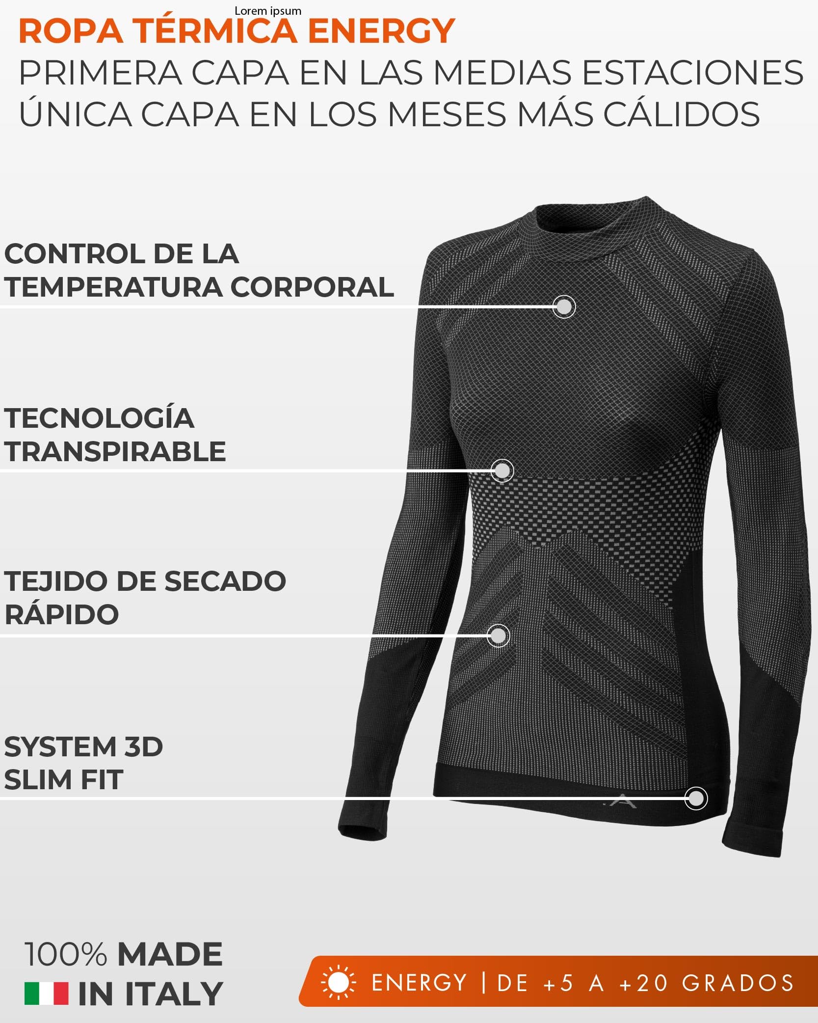 Risalti Camiseta Termica Mujer Energy - Camiseta Manga Larga Mujer Elástica y Transpirable, Ropa Interior Mujer, Camiseta Interior Mujer Sin Costuras - Made in Italy