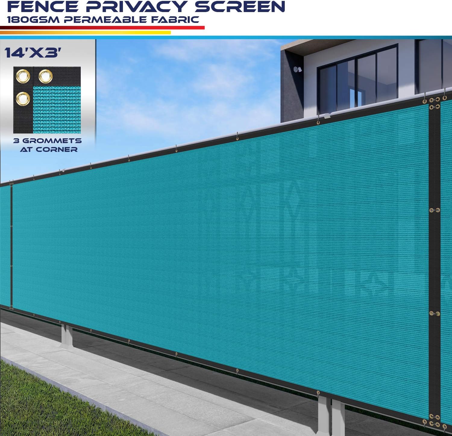 Windscreen4less Fence Privacy Screen 14' x 3' Heavy Duty Windscreen Fencing Mesh Fabric Cover for Patio Garden Backyard Lawn Carport Pool Fence, Turquoise Green