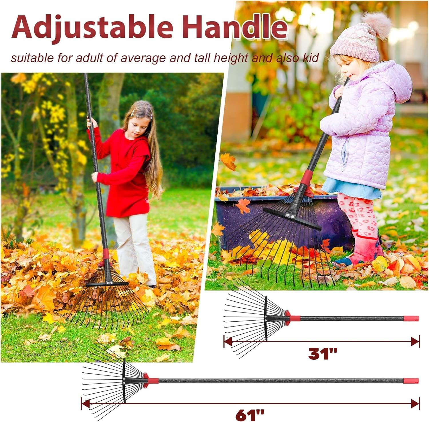 61-Zoll-Laubrechen, verstellbare 18 Zinken mit ausziehbarem Kopf, 9-18 Zoll Grasrechen, robuster Metallrechen für Frauen, Gartenbesitzerinnen, Gartenarbeit, Grasabfälle, Rasenflächen