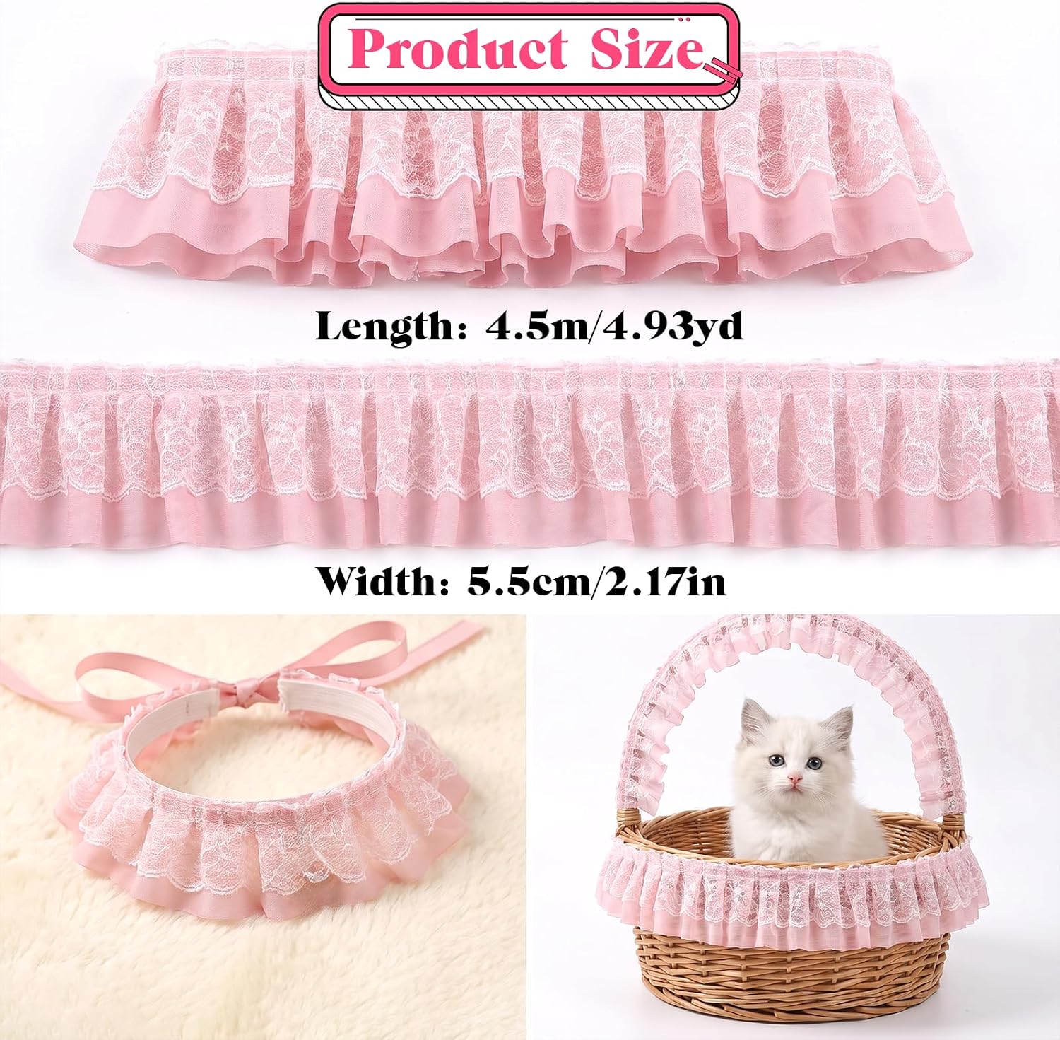 Pink Lace Trim 5 Yard Double-Layer Ruffle Lace Trim for Sewing 5cm Wide Pleated Edge Ribbon Tulle Fabric for DIY Sewing Crafts Pillowcase Embellishments