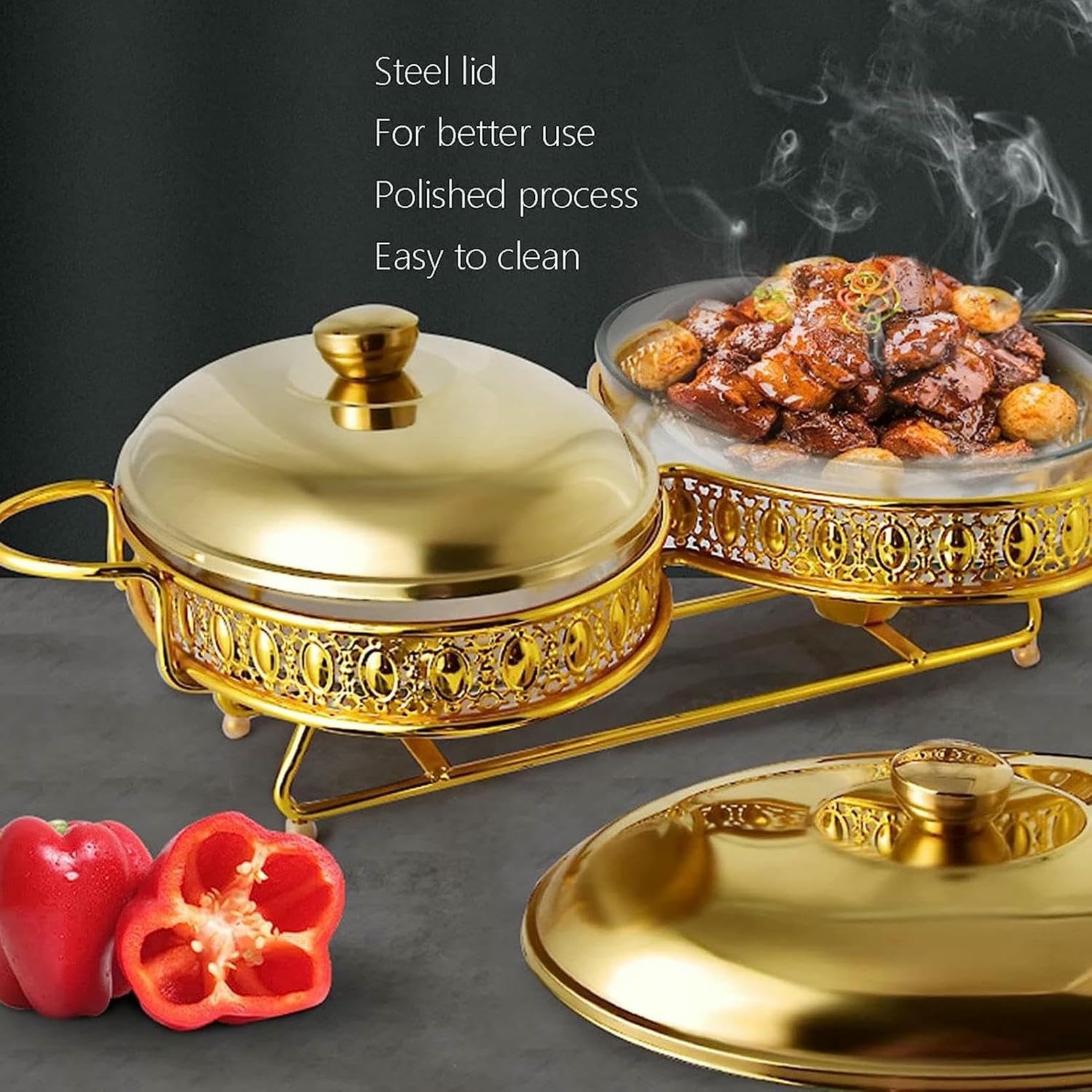 Scaldavivande, Server E Riscaldatore per Buffet, Bruciatore per Mantenere Caldi I Cibi, Set per Pentole Calde da Buffet con Coperchio in Vetro Temperato, Set per Pentole（Golden-2L）