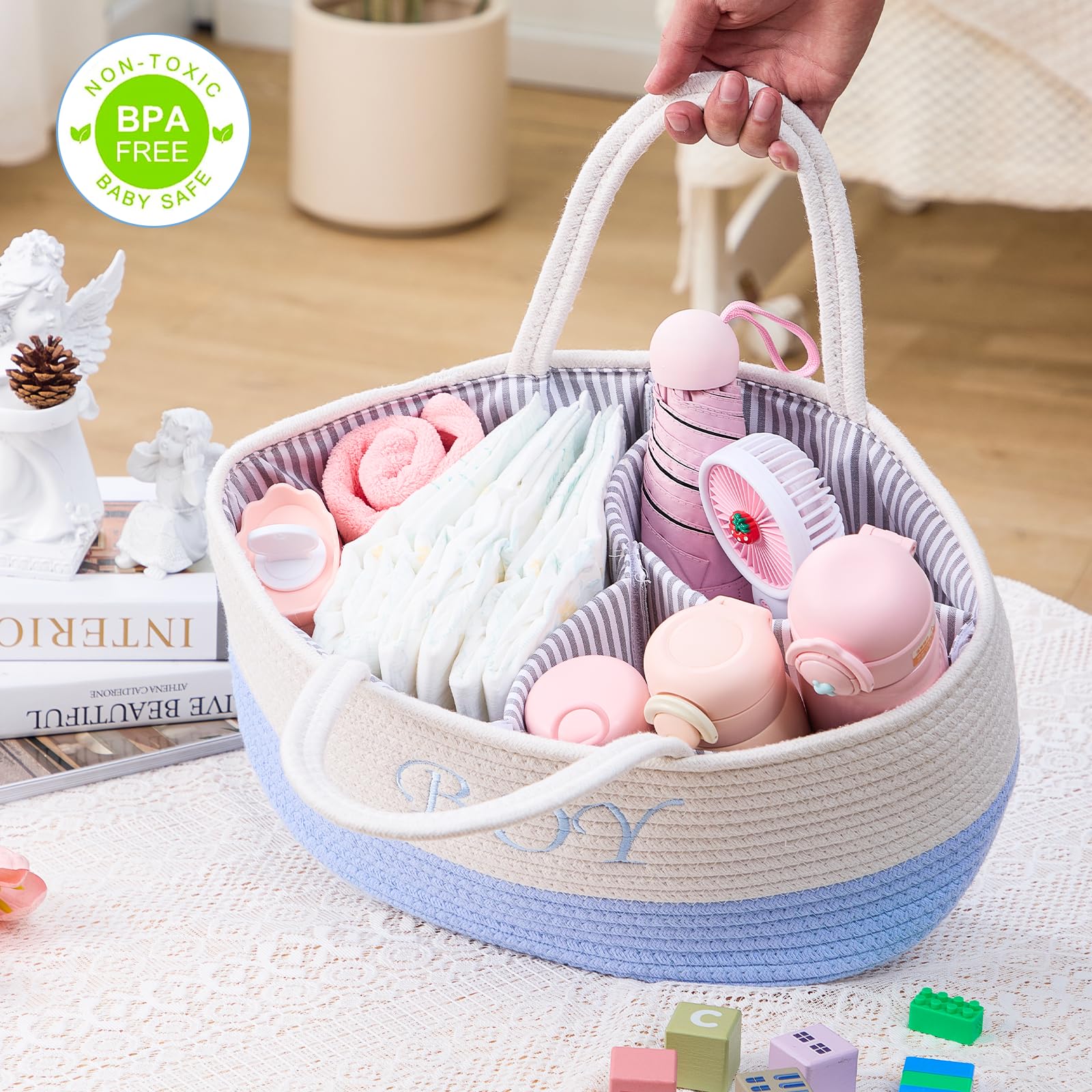 Cesta Portapannolini a 3 Scomparti– Organizer Fasciatoio per Neonati con Divisorio Rimovibile – Porta Pannolini, Salviette, Creme per il Cambio – Portaoggetti per Casa o da Viaggio（blu）