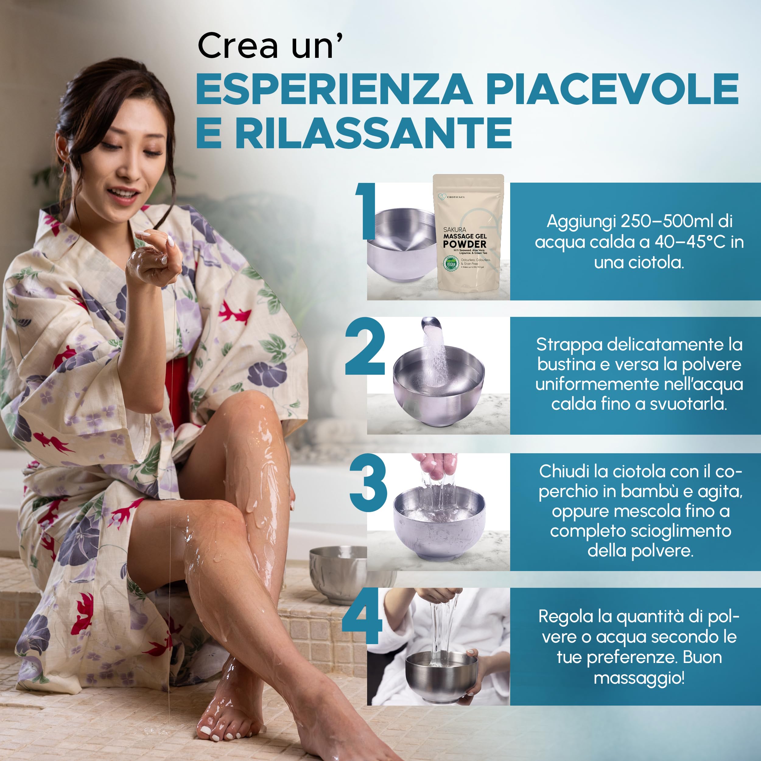 Polvere Gel da Massaggio Nuru Edizione Sakura 500g, Aloe Vera, Alga, Liquirizia e Te Verde, Uso Professionale, Stile Giapponese, Vegano, Senza Profumo, Base Acqua, Resa fino a 50 Litri