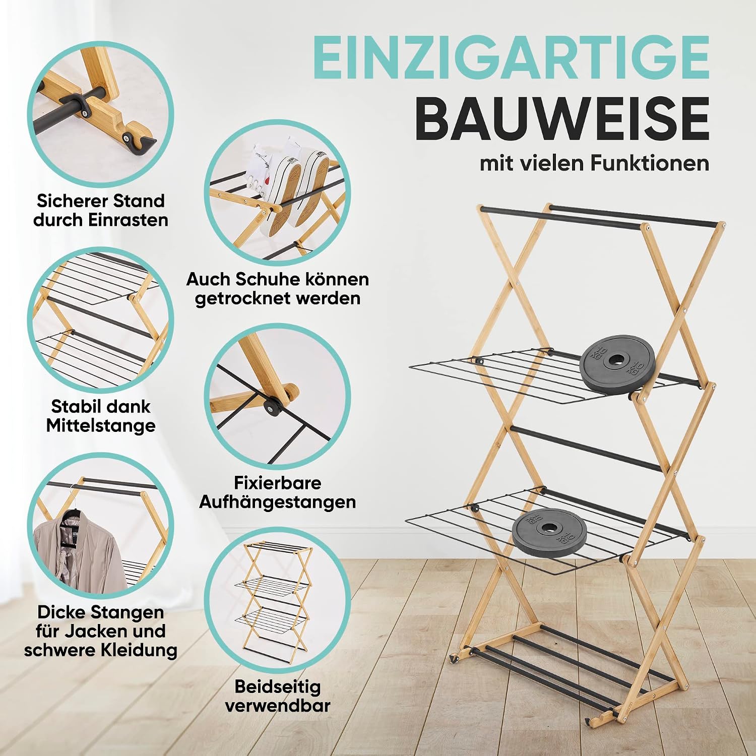 LAZYLINE® Laundry Tower [Space-Saving] for Small Spaces High Stable 10 m Length Clothes Airer Tower for Bathtub, Camping, Balcony as Tumble Dryer Clothes Drying Rack