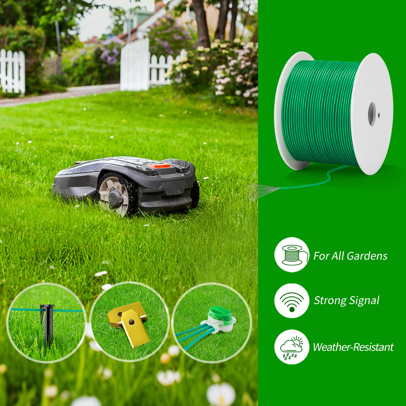 Headley Tools Filo universale per tosaerba, 250 m, contiene 50 picchetti da prato, 10 connettori per cavi, 9 lame in titanio, filo per robot tosaerba, compatibile con Gardena/Husqvarna/Worx