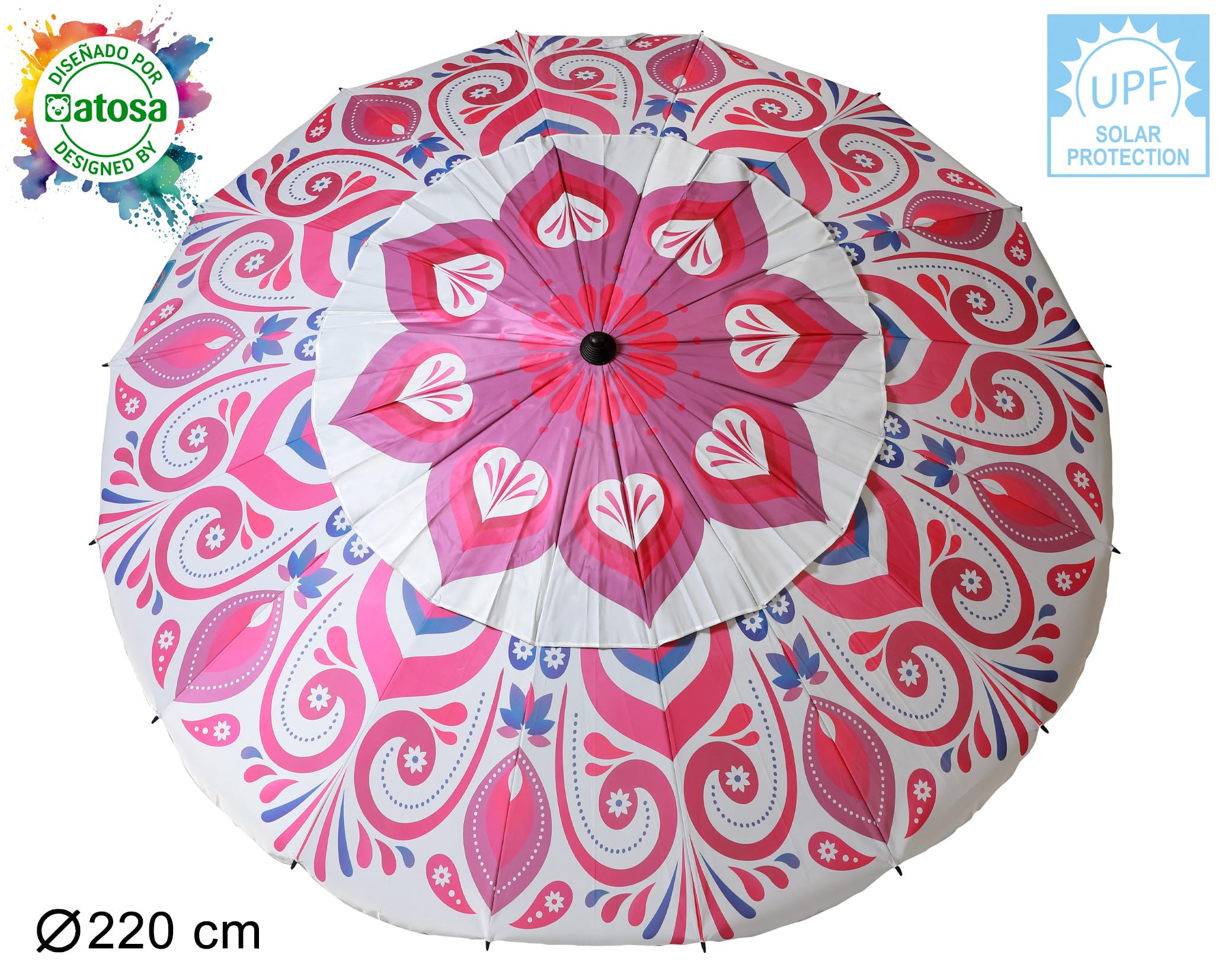 ATOSA atosa sombrilla de playa reclinable de aluminio modelo mándala floral con upf 50+ fucsia