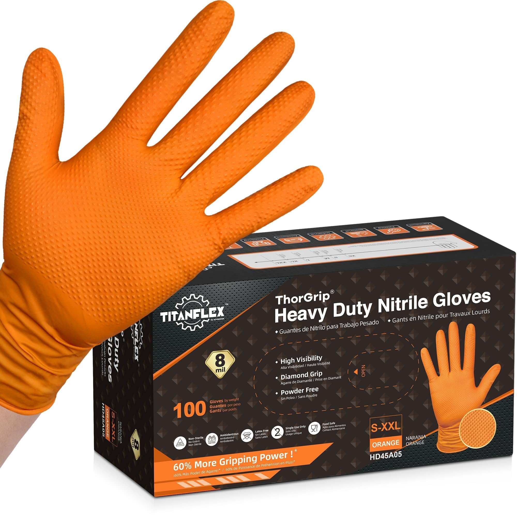 TitanFlex Thor Grip Heavy Duty Industrial Orange Nitrile Gloves with Raised Diamond Texture, 8-mil, Latex Free, Powder Free