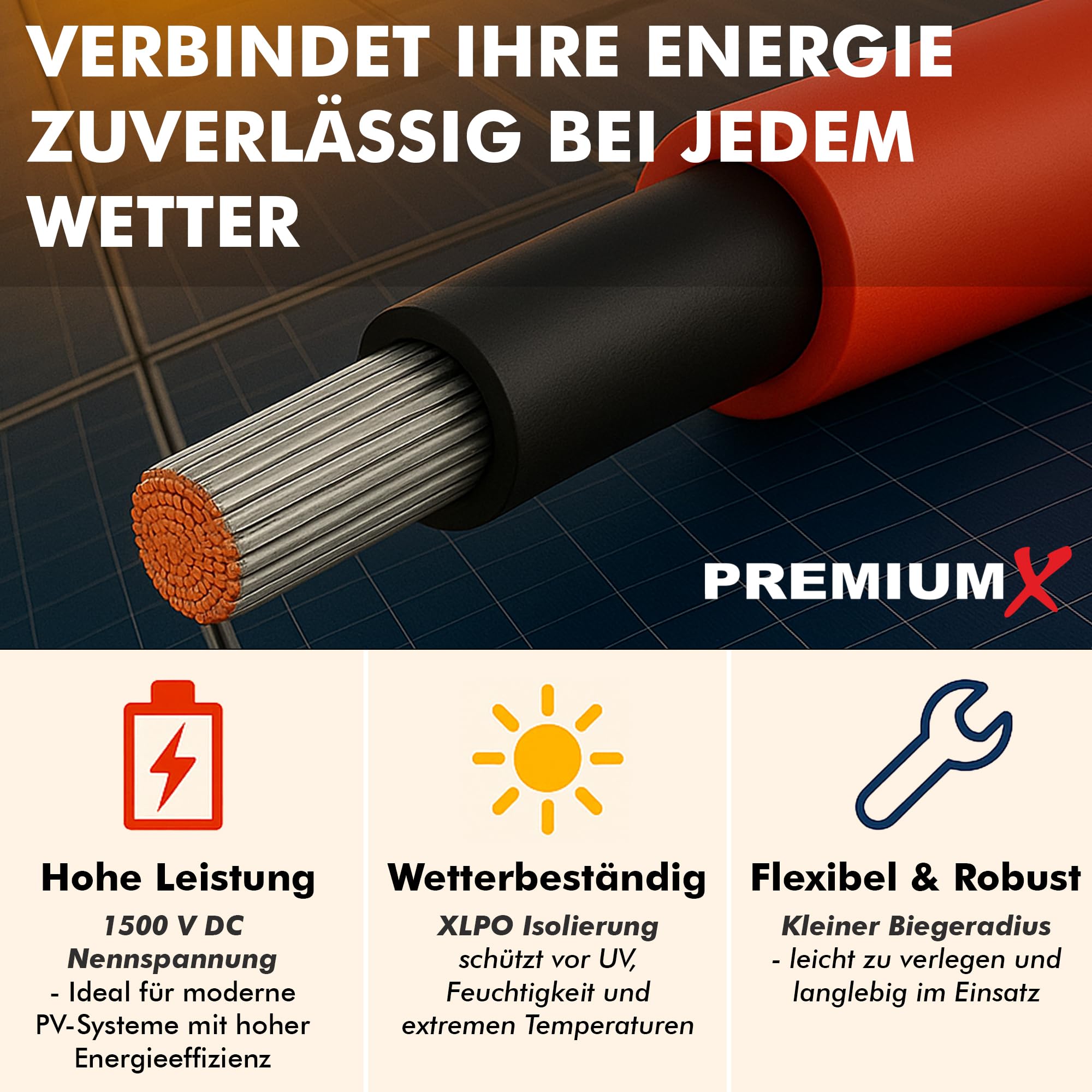 PremiumX Cavo Solare 50m 6mm² H1Z2Z2-K - Cavo Solare 1500V CC - Rame stagnata - Resistente agli UV e flessibile - Cavo PV per impianto solare, modulo, inverter - Rosso