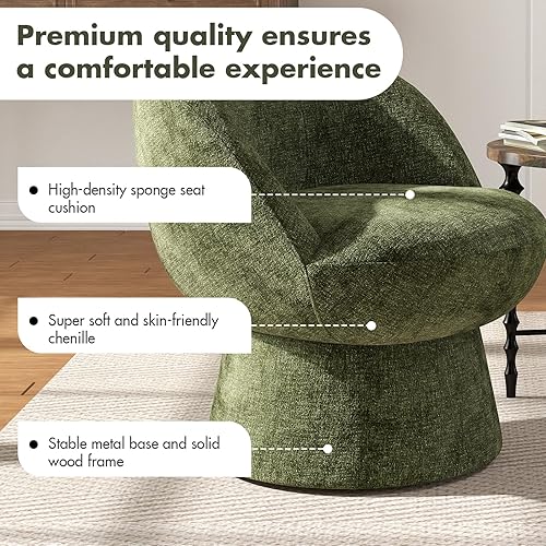 Miniatura 3 de Silla giratoria de 360 con respaldo curvo, moderna silla redonda tapizada de felpilla verde, sillón de tocador para espacio pequeño, sala de estar,