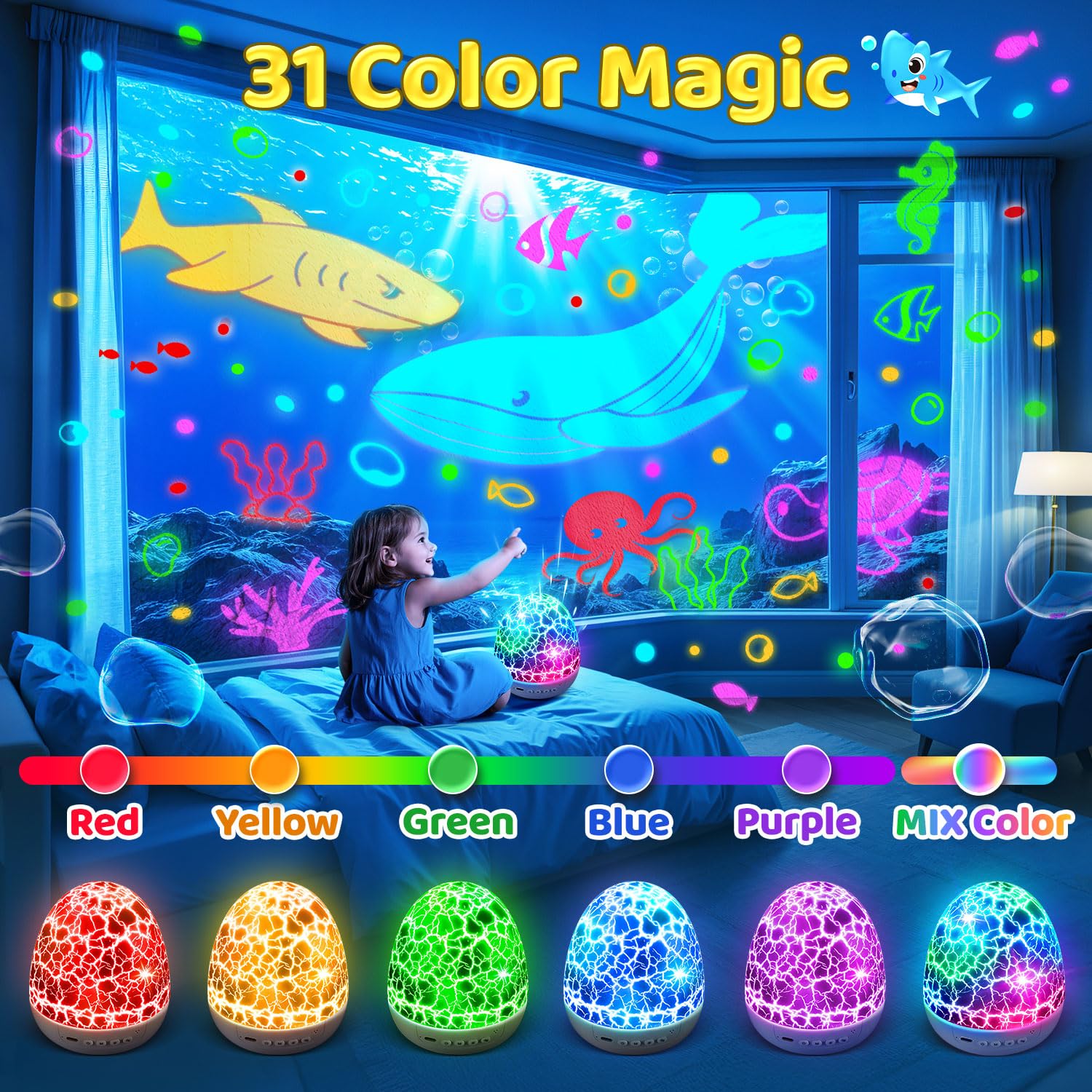 Kids Sound Machine Night Light Projector | 15 Sleeping Sounds & 3D Films | 31Colors & Remote Control | Toddler Night Light, Baby White Noise Machine, Baby Night Light Projector, Ocean Light Decor
