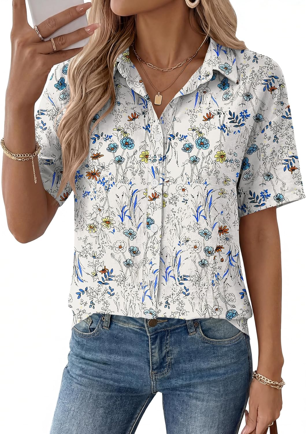 Rapbin Womens Short Sleeve Button Down Shirts Casual V Neck Collared Blouses Work Tops