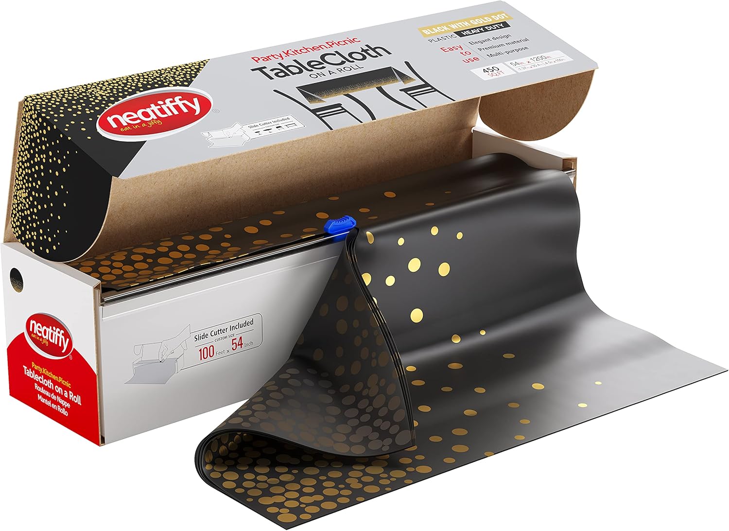 Neatiffy Disposable Plastic Table Cloth Roll with Slide Cutter | Waterproof Cover for Rectangle, Square, Oval Tables | Picnic, Party, Banquet, Birthdays, Weddings - White Gold Dots