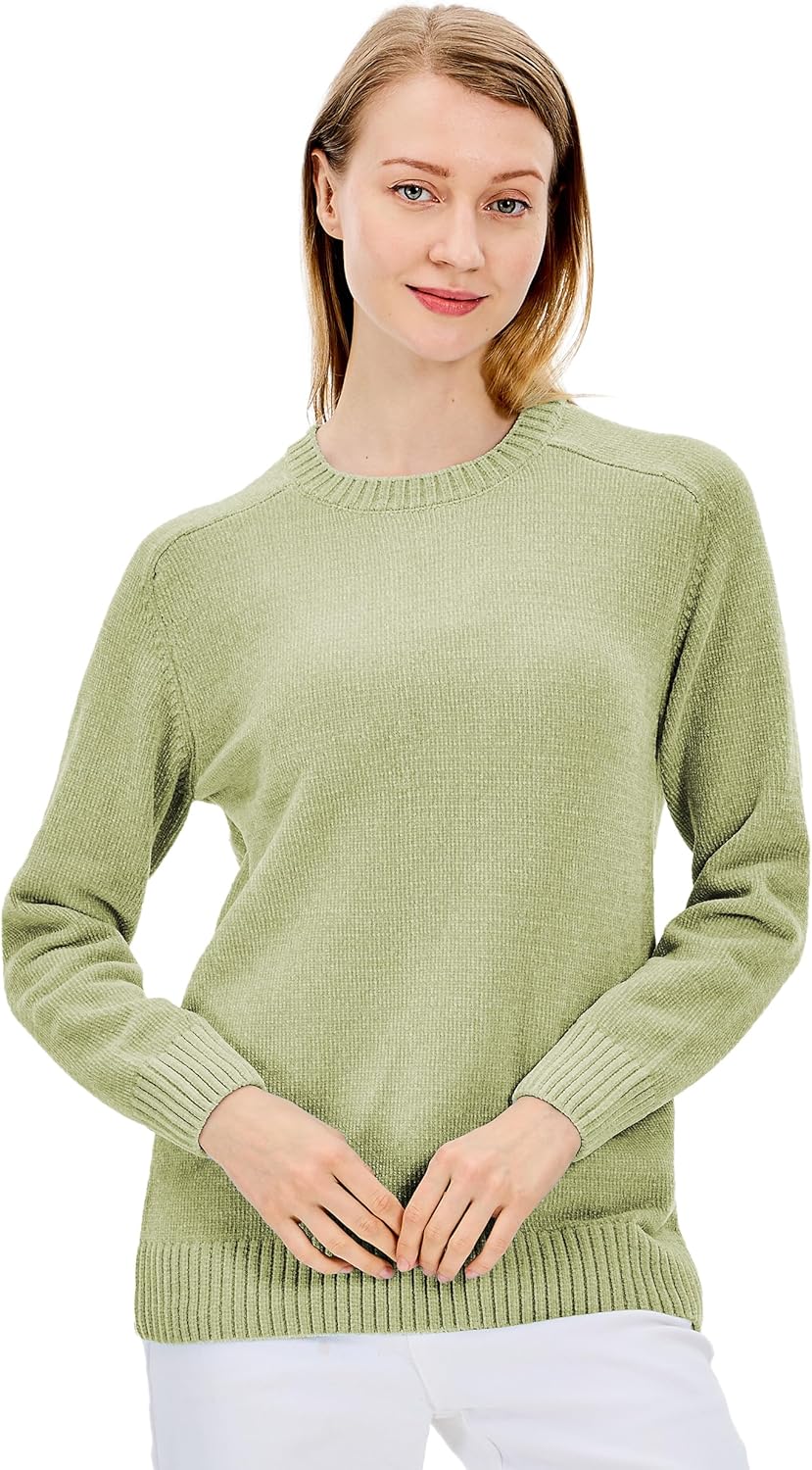 Simple&Opulence Women's Chenille Sweater Crewneck Long Sleeve Pullover Ribbed Cuff Hem Round Neck Jumper Tops
