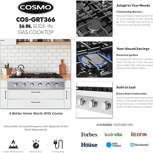 Miniatura 3 de COSMO COS-GRT366 - Encimera deslizante de gas de 36 pulgadas  6 quemadores de fabricación italiana, estufa de doble anillo, rejilla de hierro