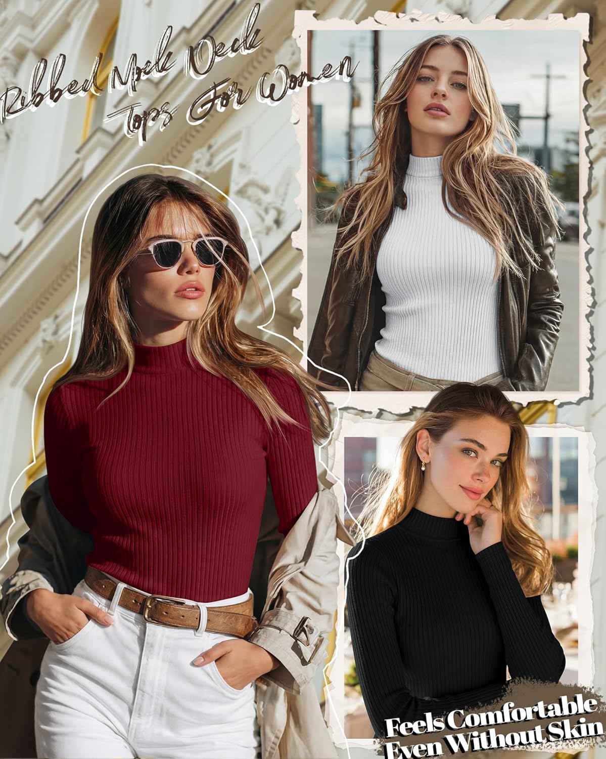 Riyiper 3 Pack Women's Ribbed Shirts, Mock Turtleneck Long Sleeve Tops Slim Fitted Undershirts Casual Basic Layering Tees - Image 3