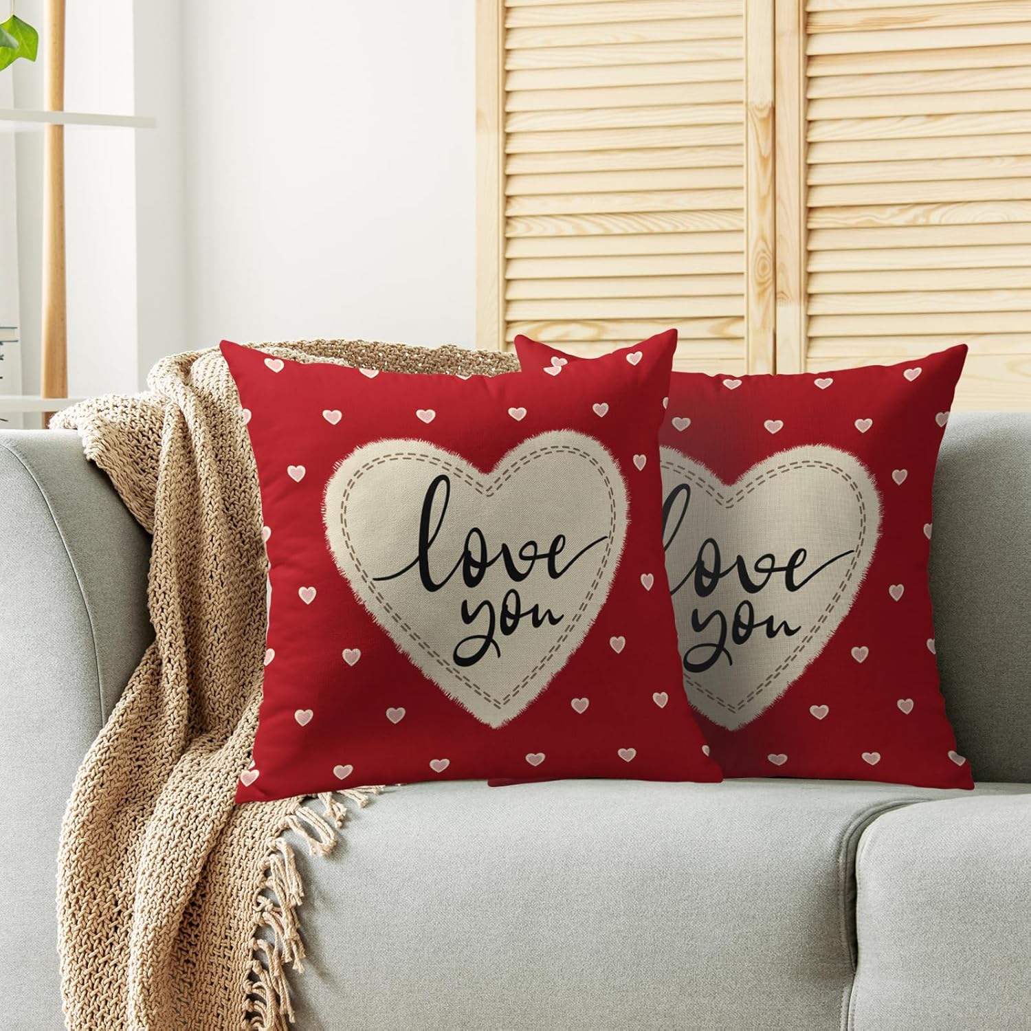 Valentines Day Pillow Covers 18X18 Set of 2, Red Cream Heart Print Love You Valentines Holiday Throw Pillowcases Anniversary Decorative Outdoor Farmhouse Cushion Cases Couch Sofa Bed Decor - Image 2