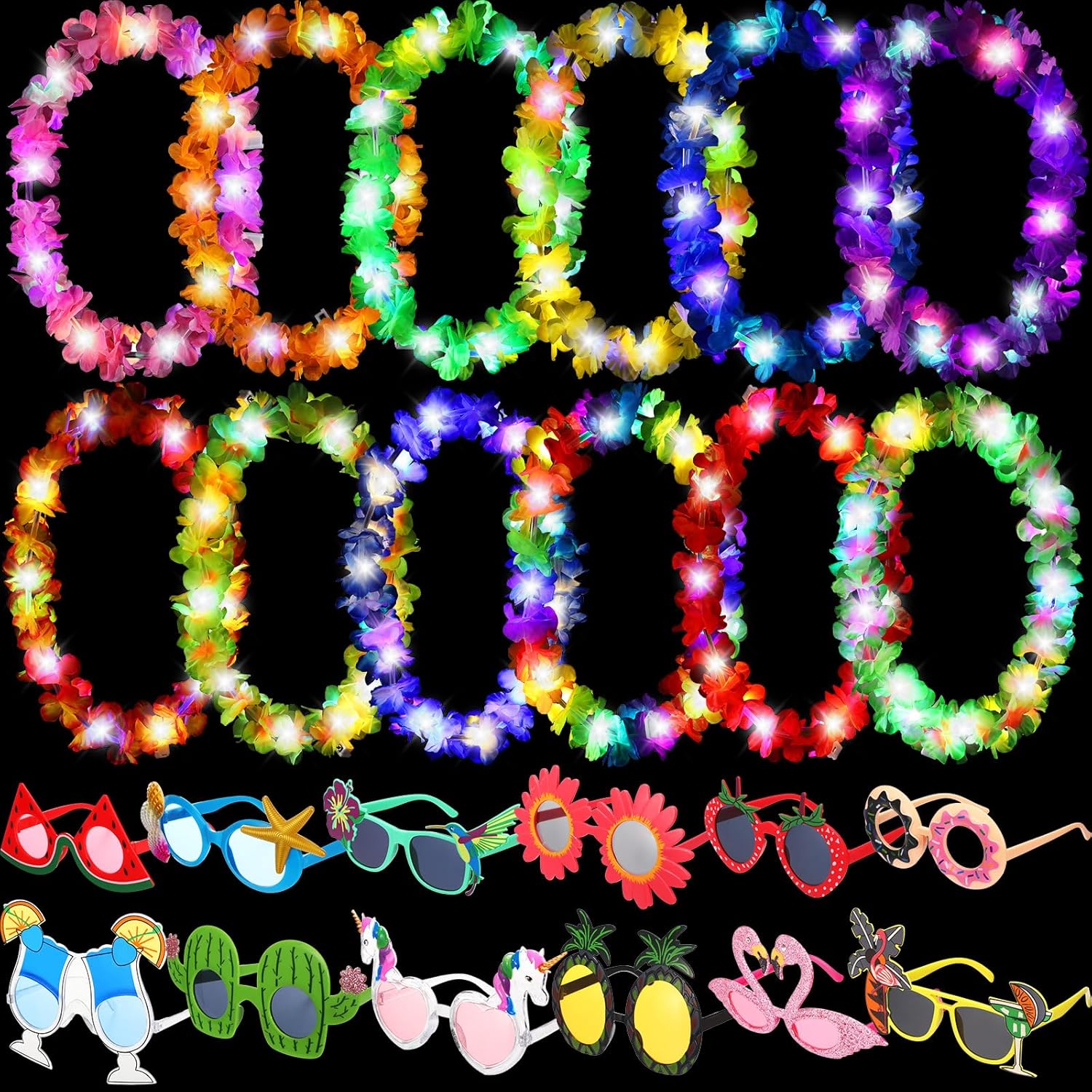 Sherr 24 Pcs Colorful LED Hawaiian Party Supplies 12 Light up Hawaiian luau Leis and 12 Sunglasses Summer Tropical Party Favors for Beach
